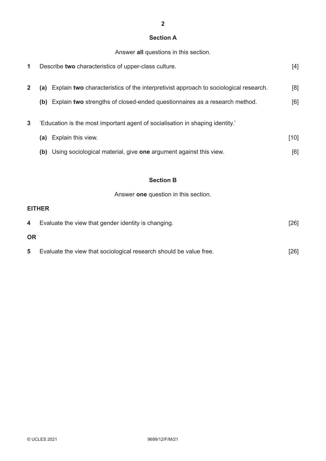 Cambridge A Level Sociology 9699 2021 Feb/March Paper 1 · Variant 2 question paper, page 2 of 4