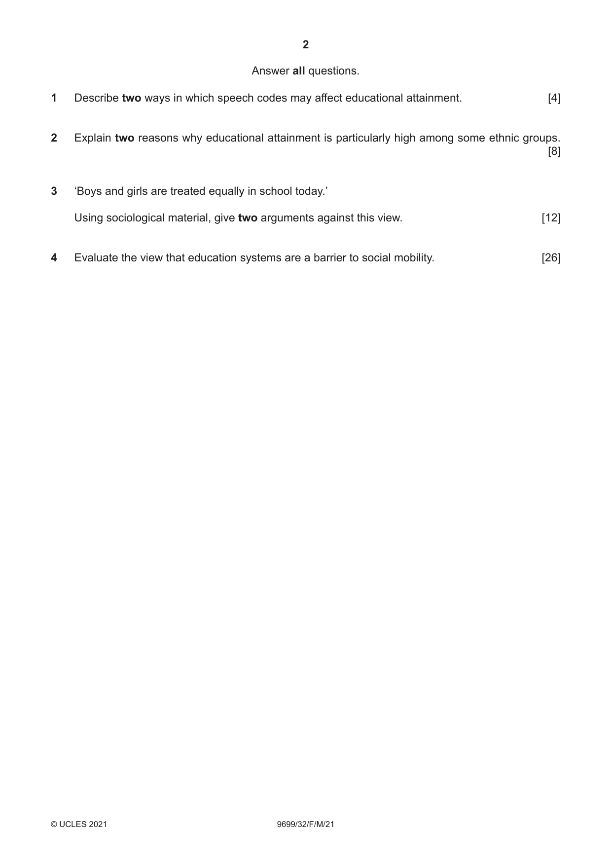 Cambridge A Level Sociology 9699 2021 Feb/March Paper 3 · Variant 2 question paper, page 2 of 4