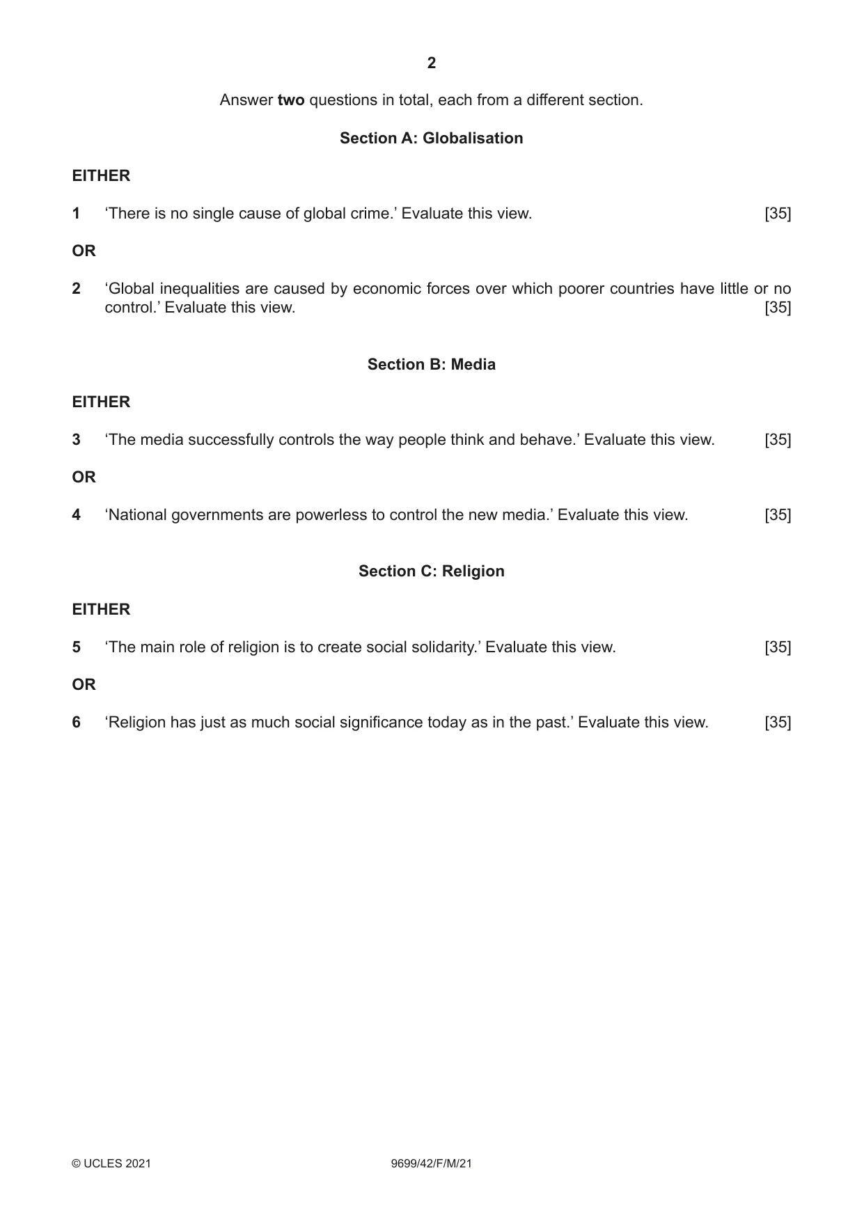 Cambridge A Level Sociology 9699 2021 Feb/March Paper 4 · Variant 2 question paper, page 2 of 4