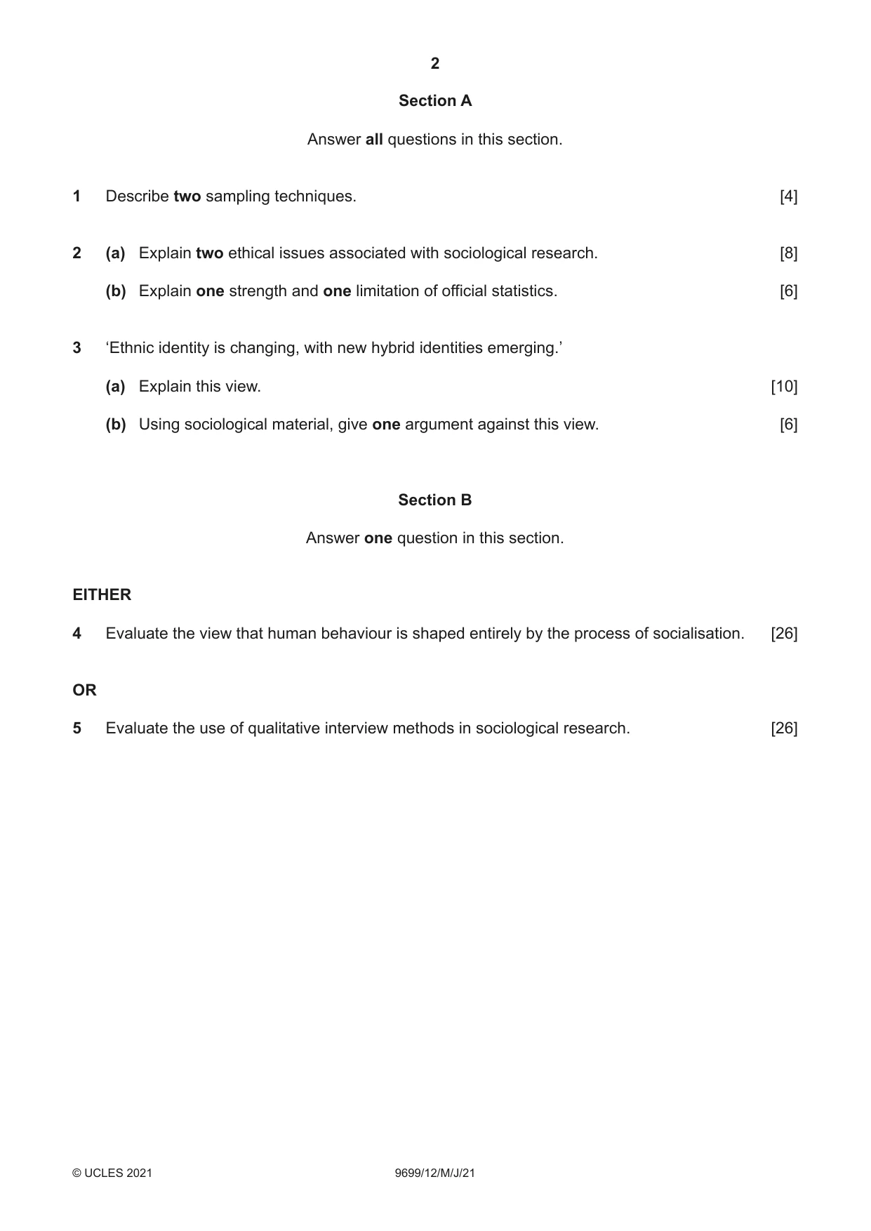 Cambridge A Level Sociology 9699 2021 May/June Paper 1 · Variant 2 question paper, page 2 of 4