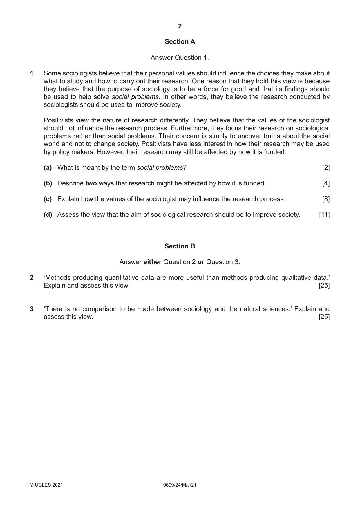 Cambridge A Level Sociology 9699 2021 May/June Paper 2 · Variant 4 question paper, page 2 of 4