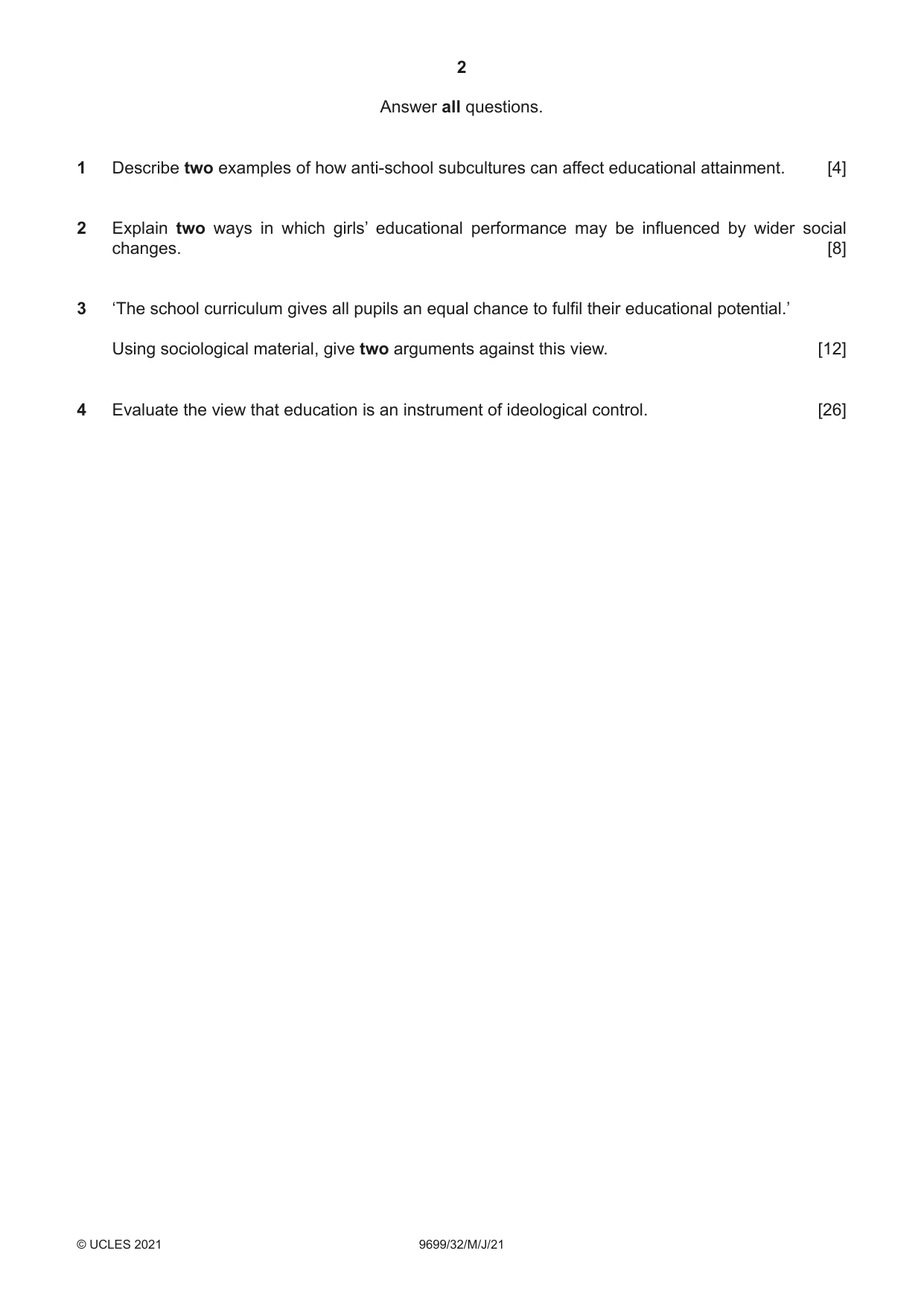 Cambridge A Level Sociology 9699 2021 May/June Paper 3 · Variant 2 question paper, page 2 of 4