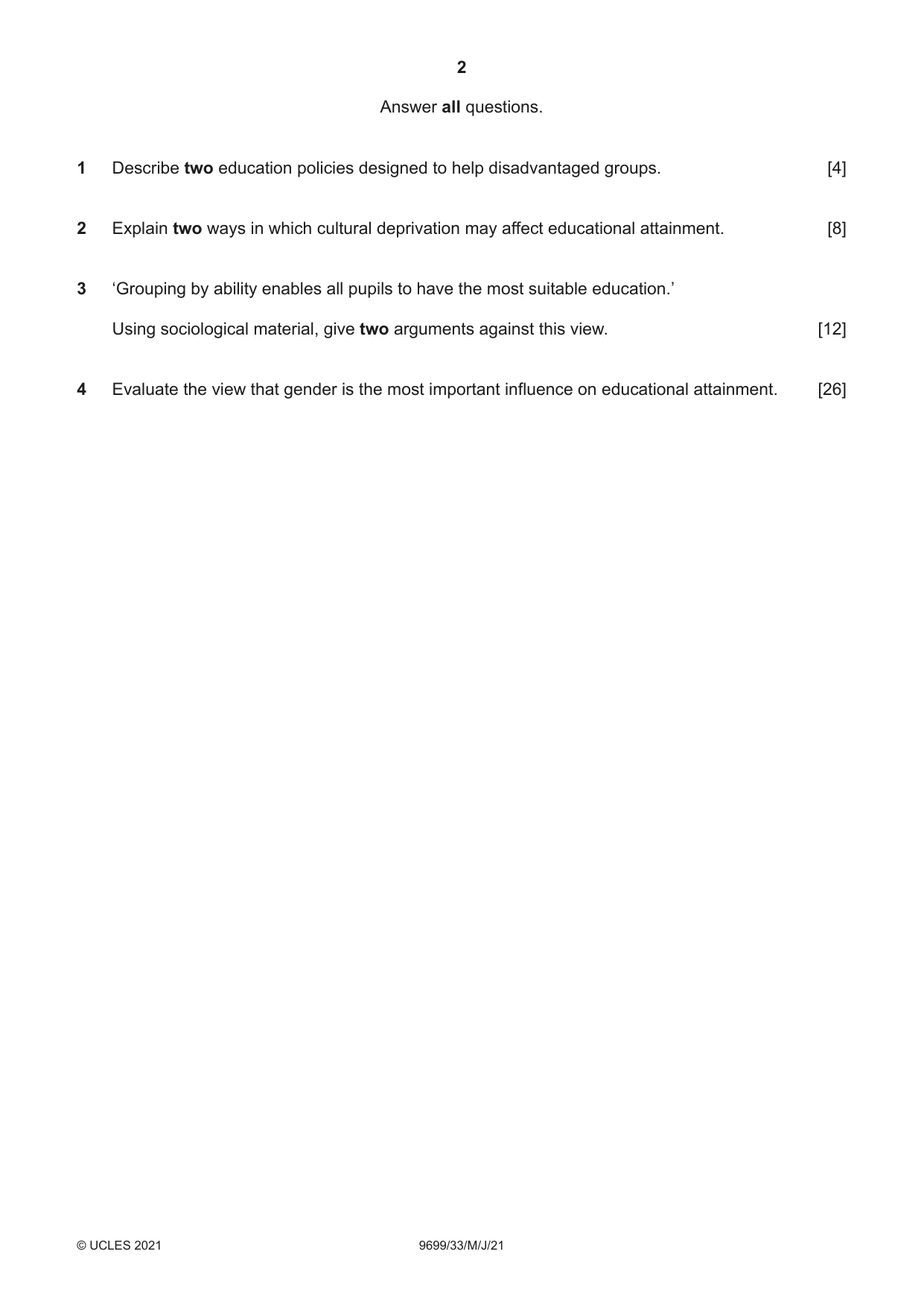Cambridge A Level Sociology 9699 2021 May/June Paper 3 · Variant 3 question paper, page 2 of 4