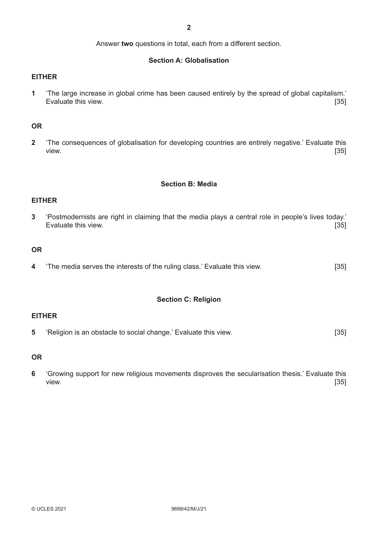 Cambridge A Level Sociology 9699 2021 May/June Paper 4 · Variant 2 question paper, page 2 of 4