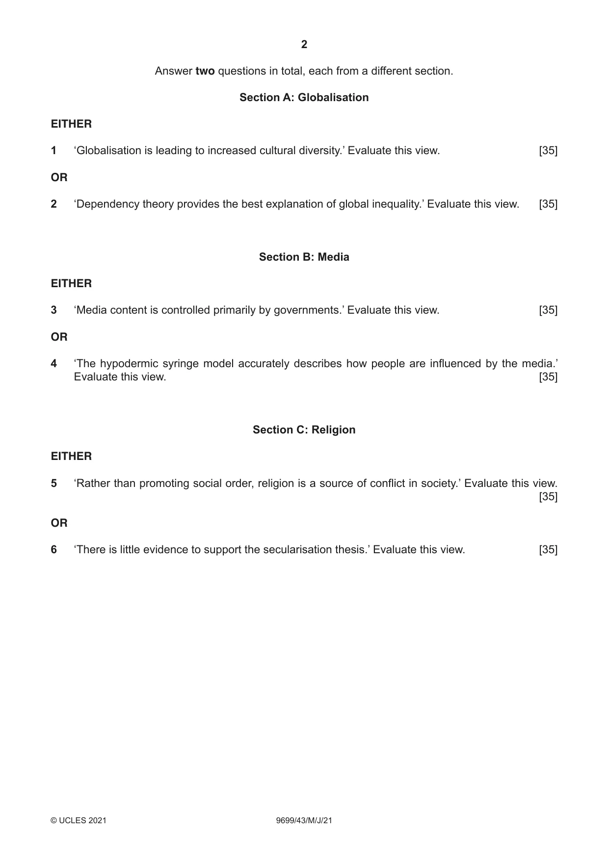Cambridge A Level Sociology 9699 2021 May/June Paper 4 · Variant 3 question paper, page 2 of 4