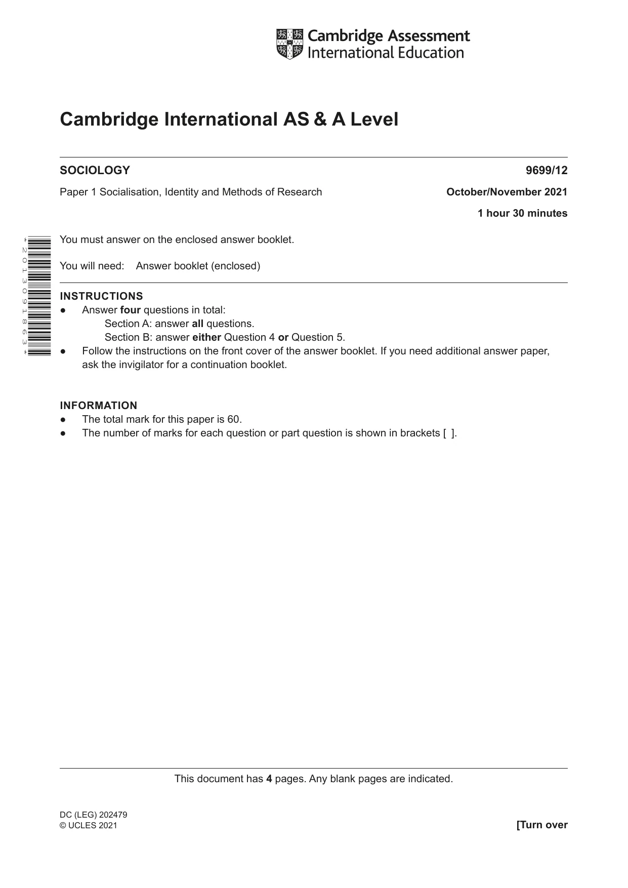 Cambridge A Level Sociology 9699 2021 Oct/Nov Paper 1 · Variant 2 question paper, page 1 of 4