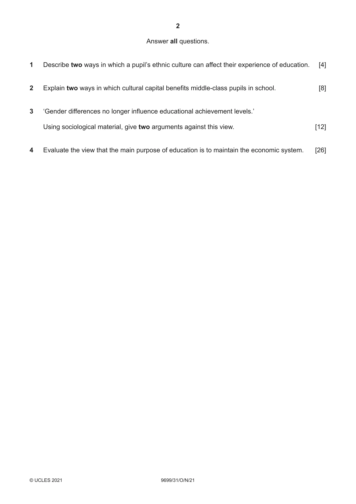 Cambridge A Level Sociology 9699 2021 Oct/Nov Paper 3 · Variant 1 question paper, page 2 of 4
