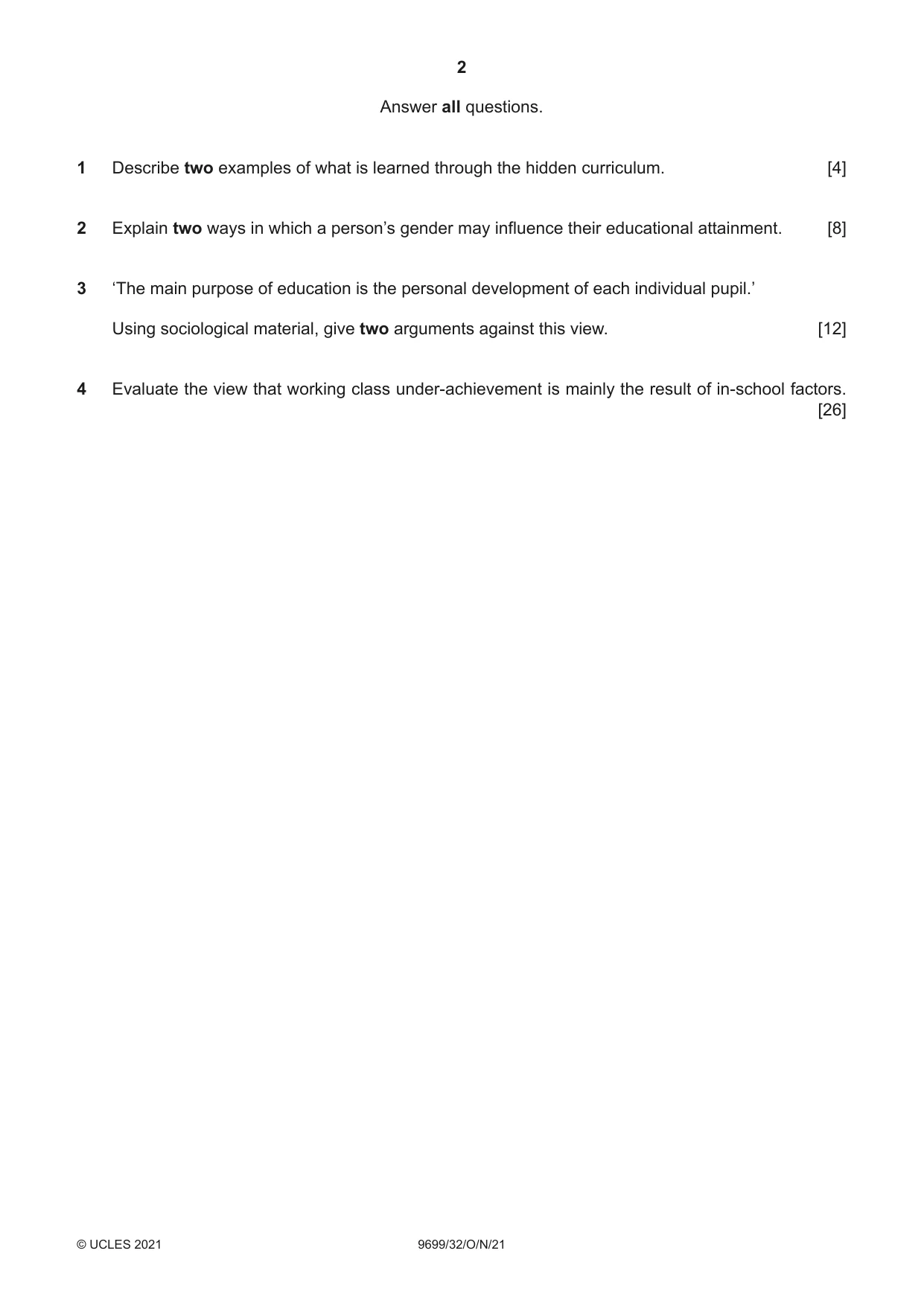 Cambridge A Level Sociology 9699 2021 Oct/Nov Paper 3 · Variant 2 question paper, page 2 of 4