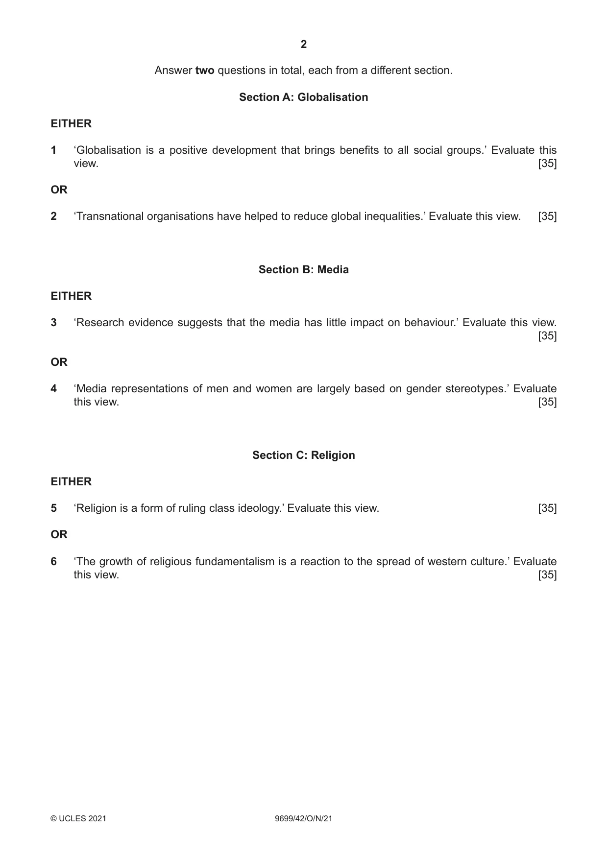 Cambridge A Level Sociology 9699 2021 Oct/Nov Paper 4 · Variant 2 question paper, page 2 of 4