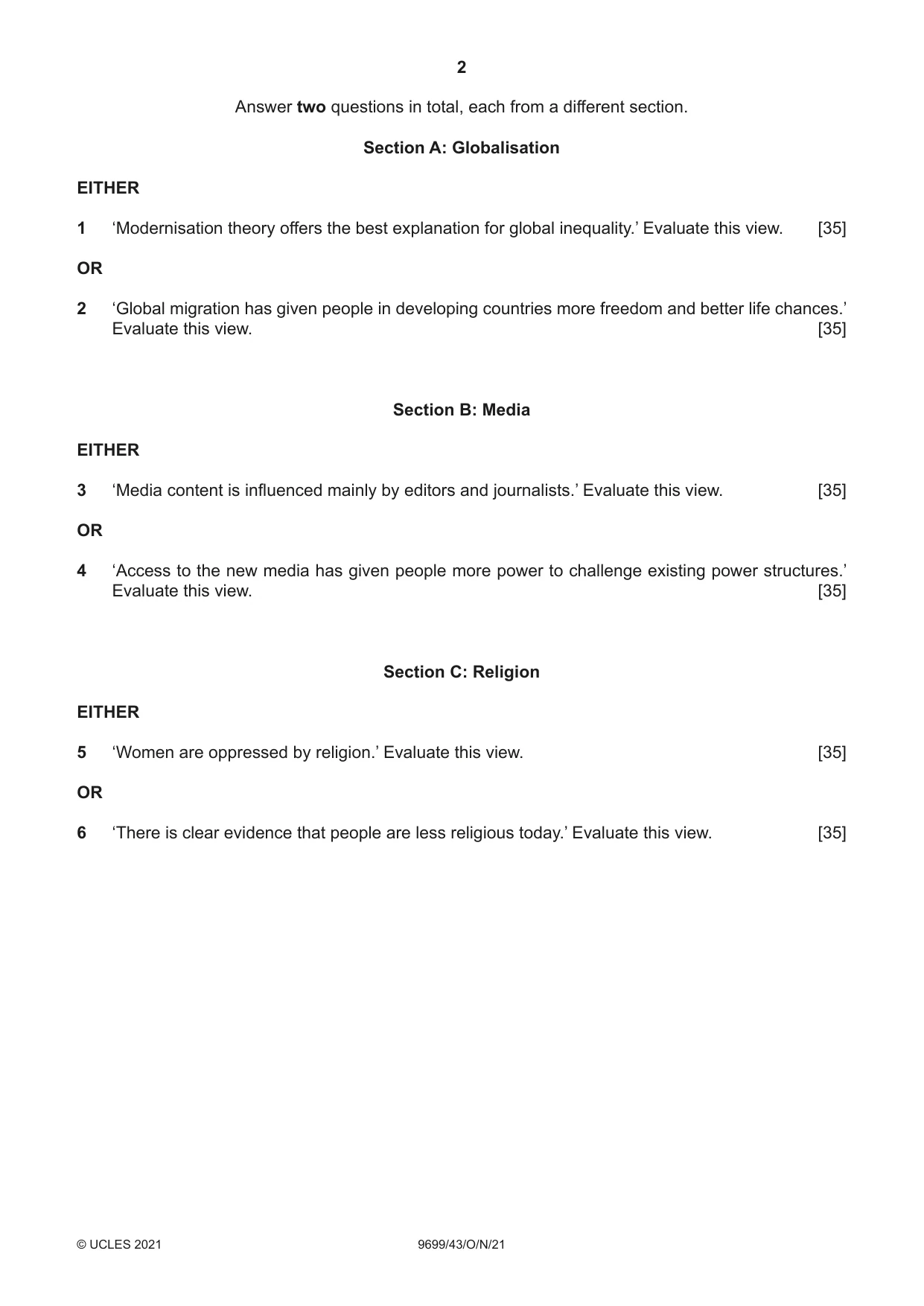 Cambridge A Level Sociology 9699 2021 Oct/Nov Paper 4 · Variant 3 question paper, page 2 of 4