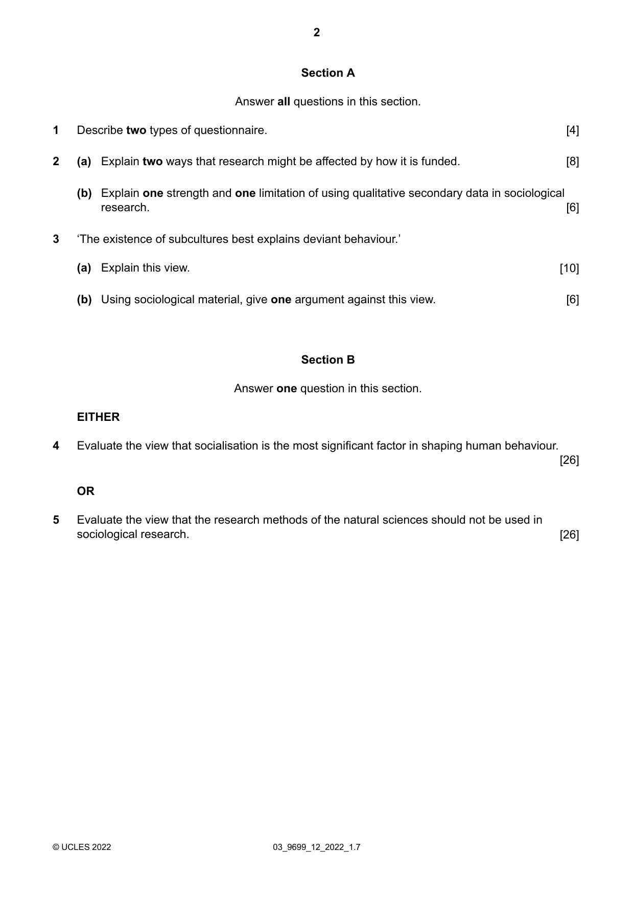 Cambridge A Level Sociology 9699 2022 Feb/March Paper 1 · Variant 2 question paper, page 2 of 4