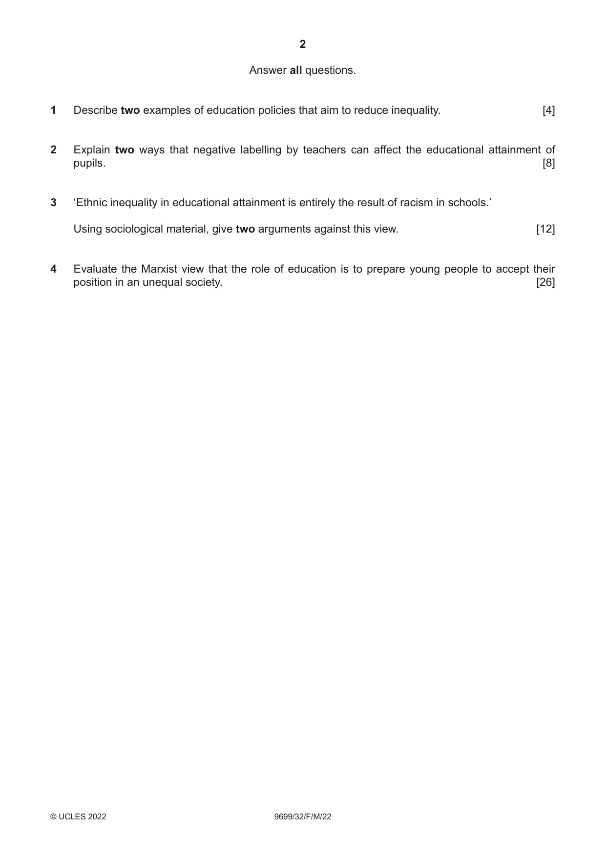 Cambridge A Level Sociology 9699 2022 Feb/March Paper 3 · Variant 2 question paper, page 2 of 4