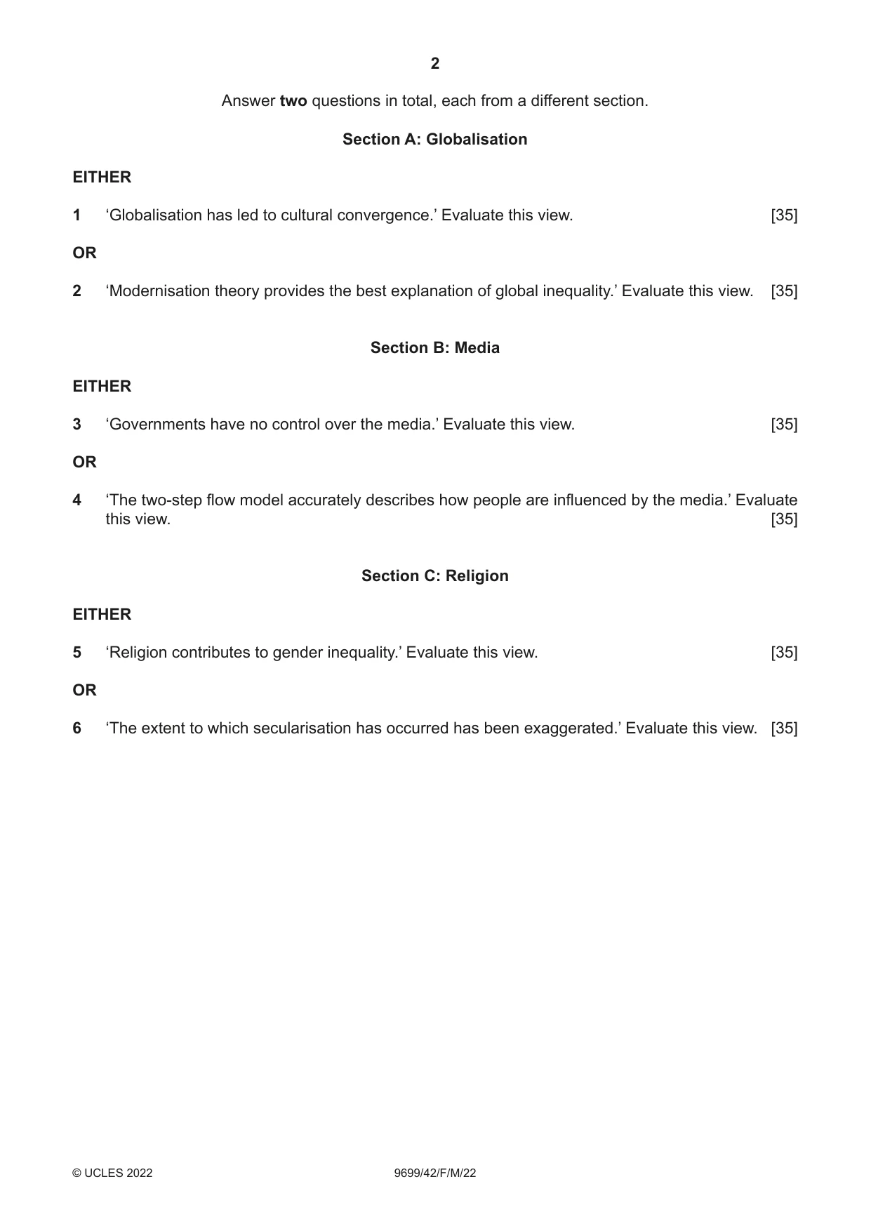 Cambridge A Level Sociology 9699 2022 Feb/March Paper 4 · Variant 2 question paper, page 2 of 4