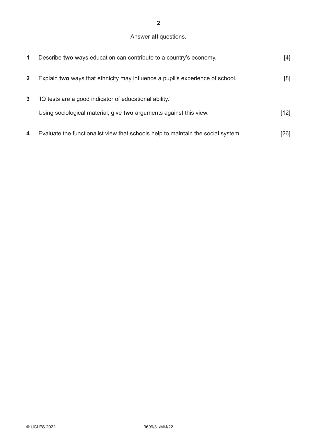 Cambridge A Level Sociology 9699 2022 May/June Paper 3 · Variant 1 question paper, page 2 of 4
