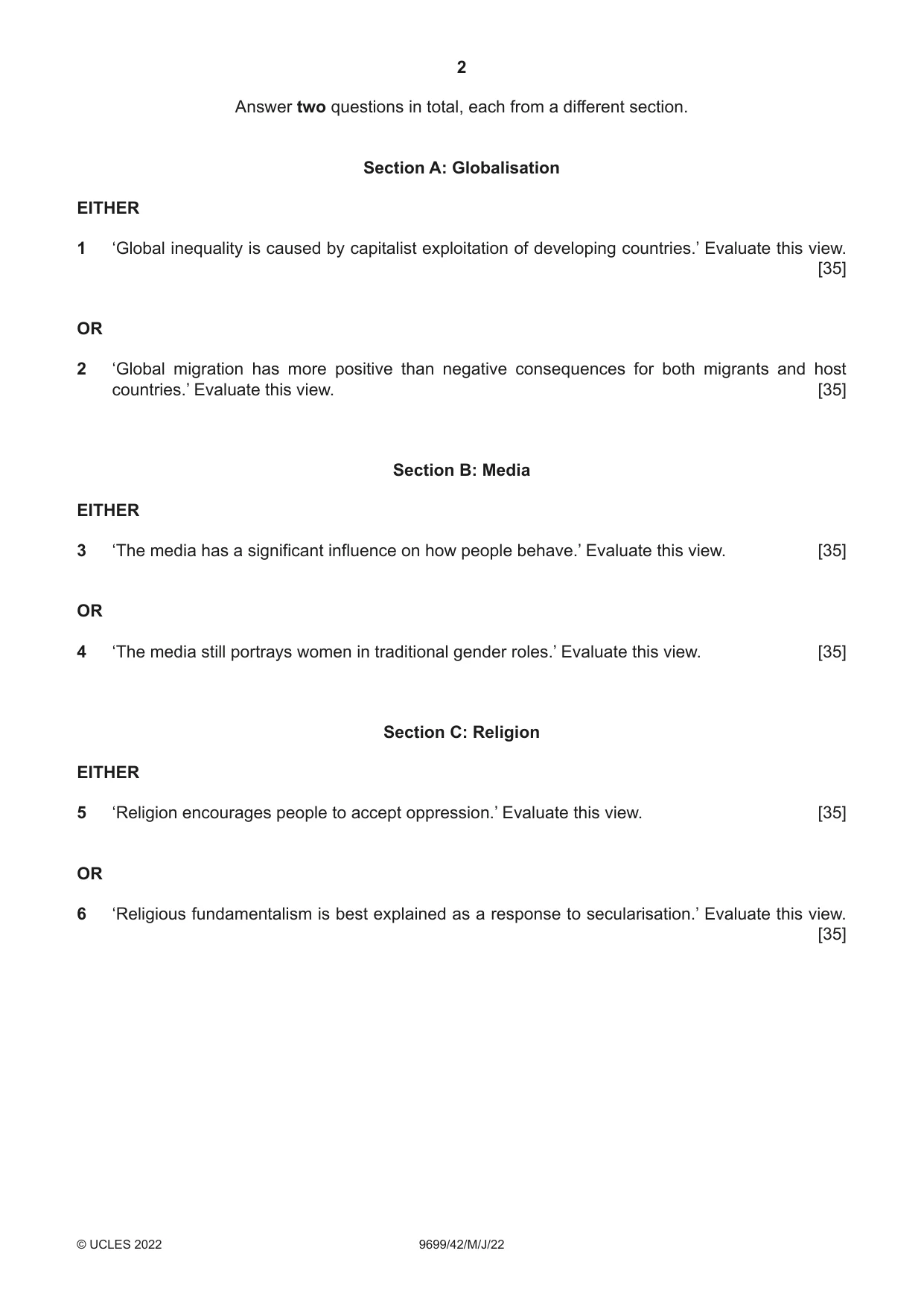 Cambridge A Level Sociology 9699 2022 May/June Paper 4 · Variant 2 question paper, page 2 of 4