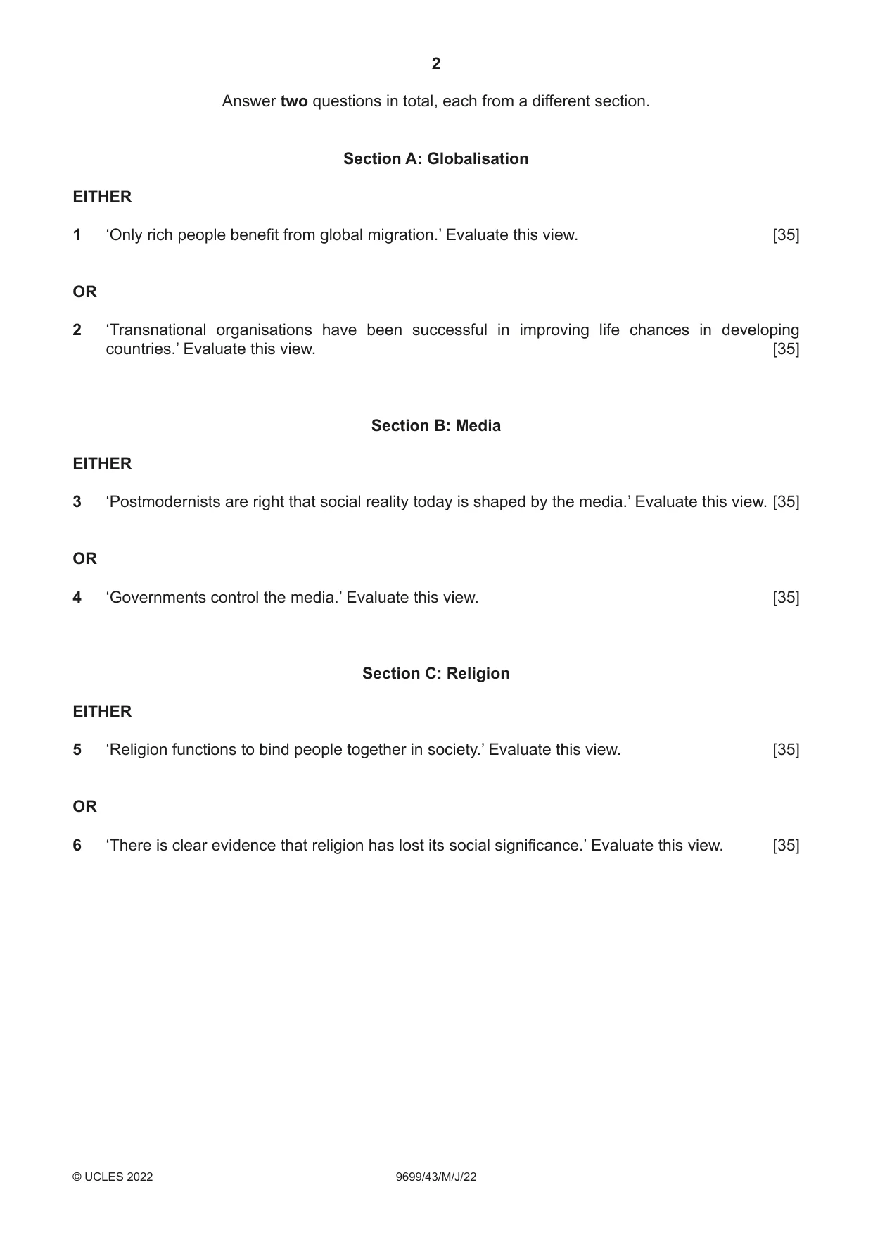 Cambridge A Level Sociology 9699 2022 May/June Paper 4 · Variant 3 question paper, page 2 of 4