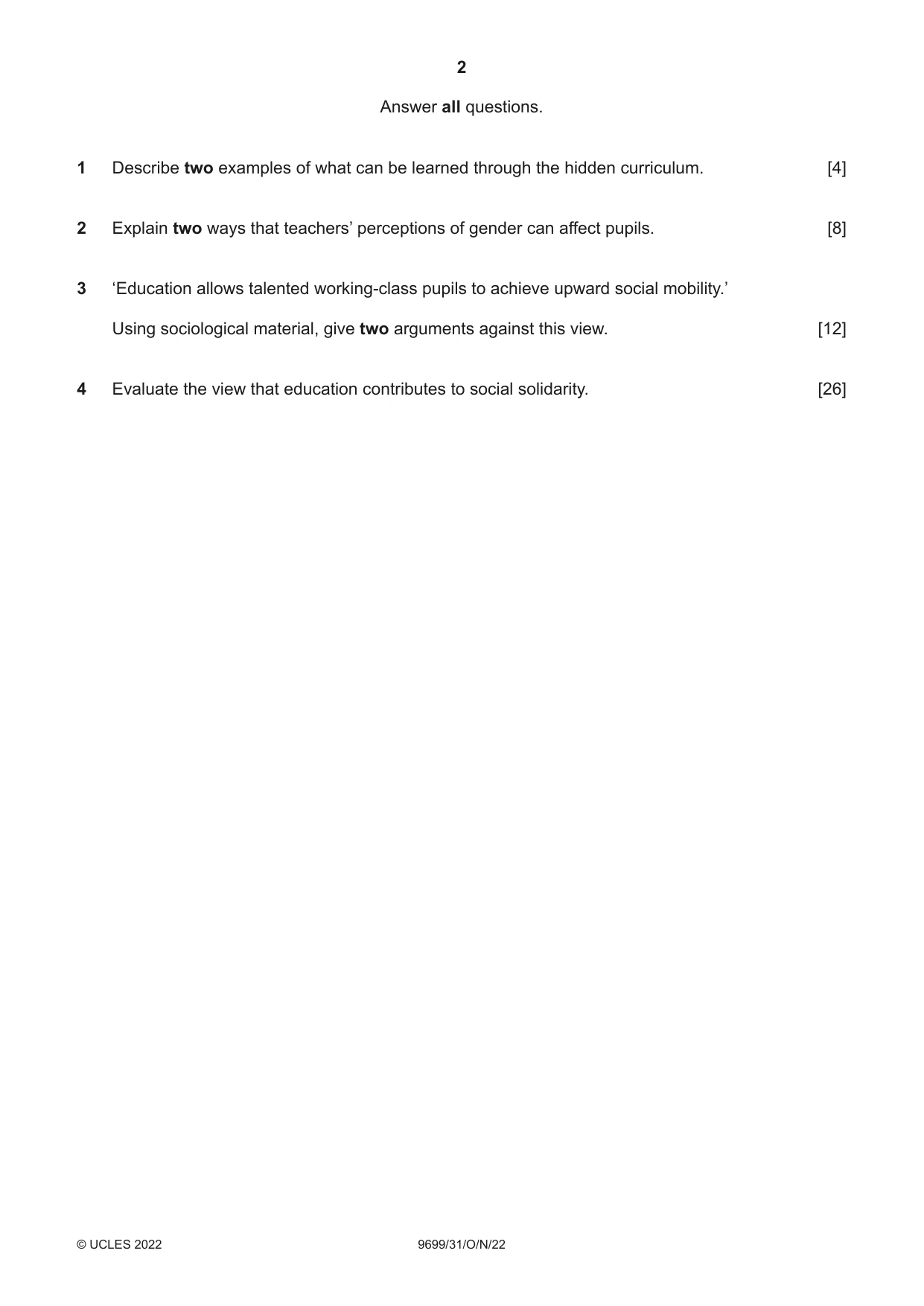 Cambridge A Level Sociology 9699 2022 Oct/Nov Paper 3 · Variant 1 question paper, page 2 of 4