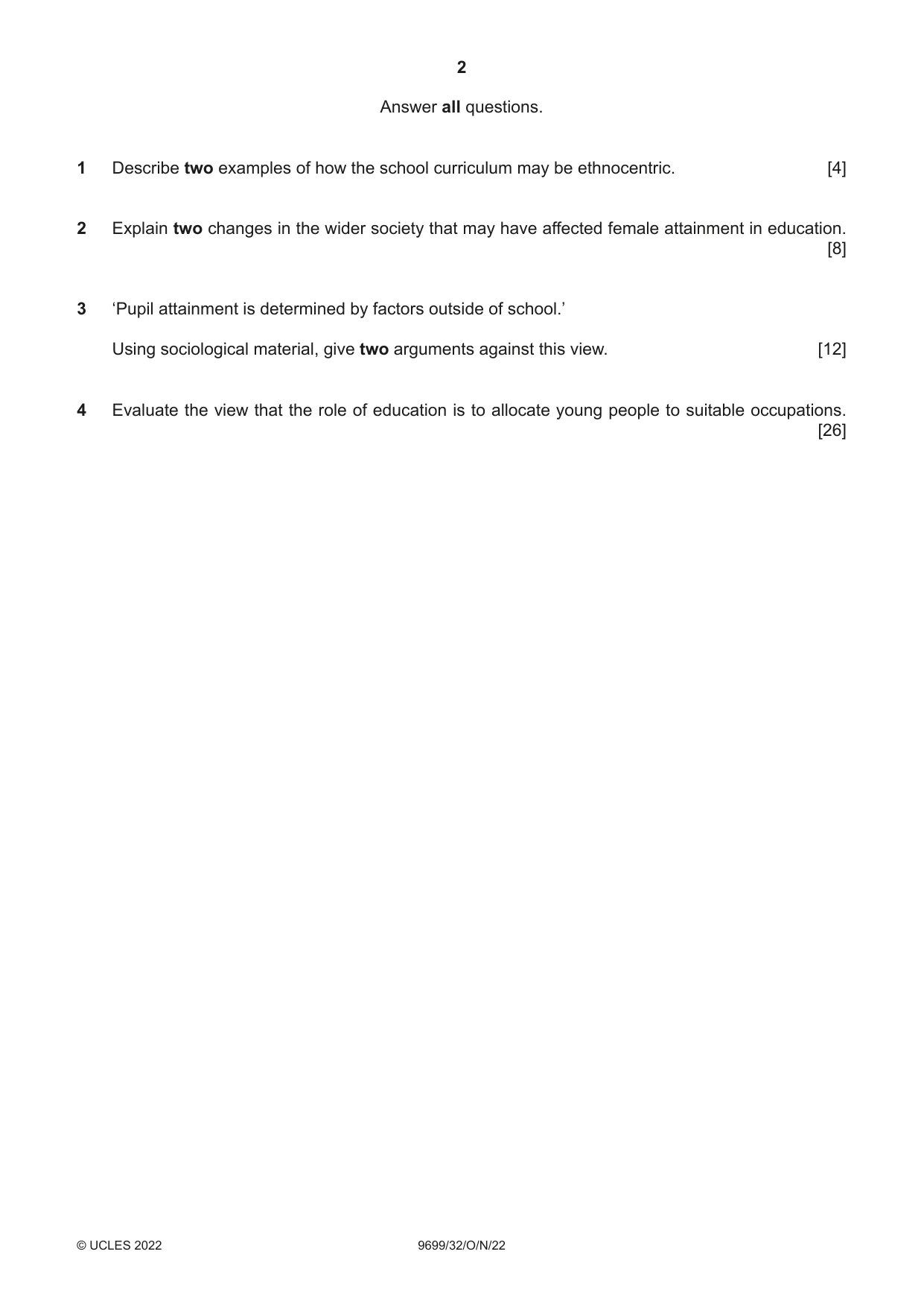 Cambridge A Level Sociology 9699 2022 Oct/Nov Paper 3 · Variant 2 question paper, page 2 of 4