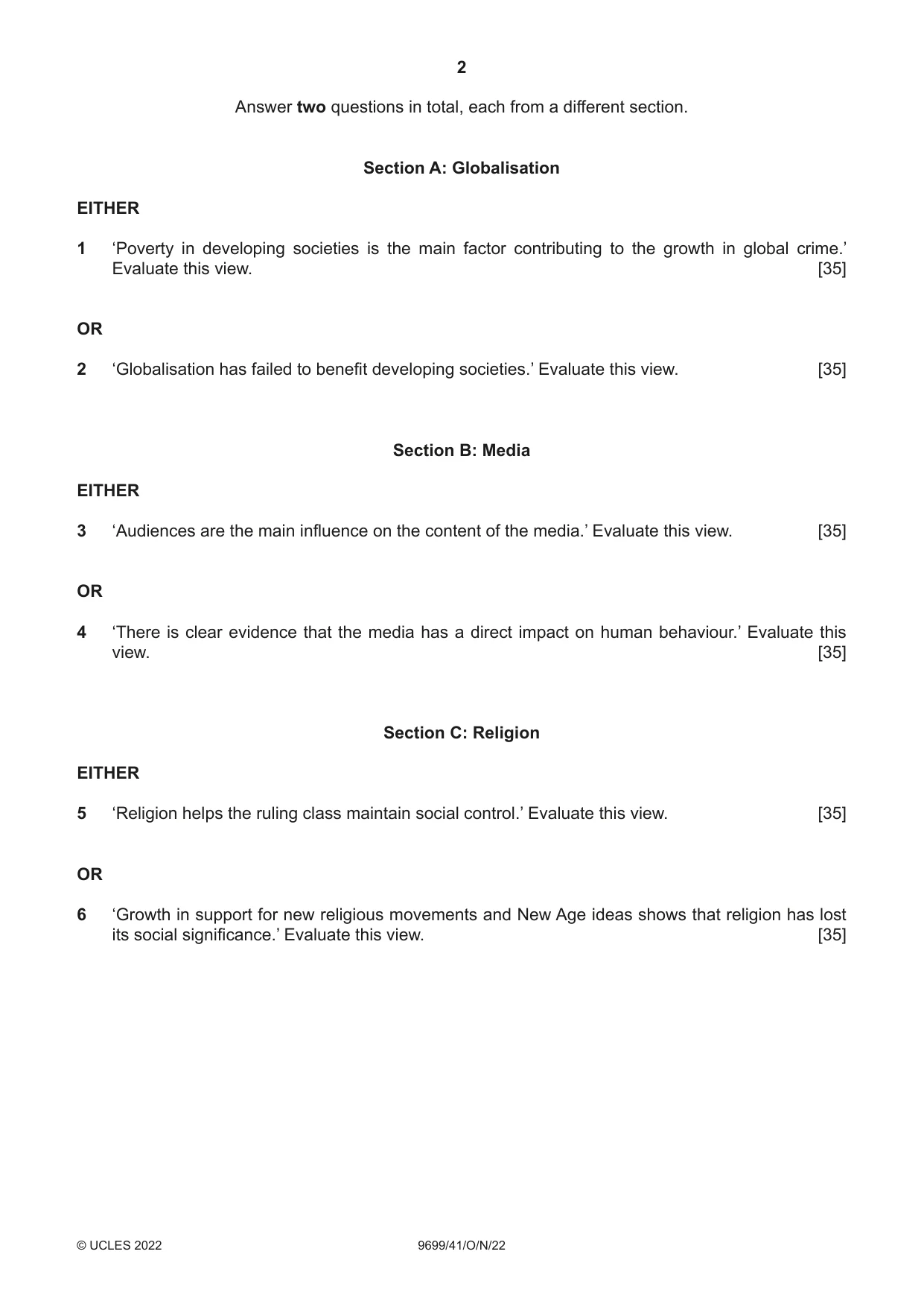 Cambridge A Level Sociology 9699 2022 Oct/Nov Paper 4 · Variant 1 question paper, page 2 of 4