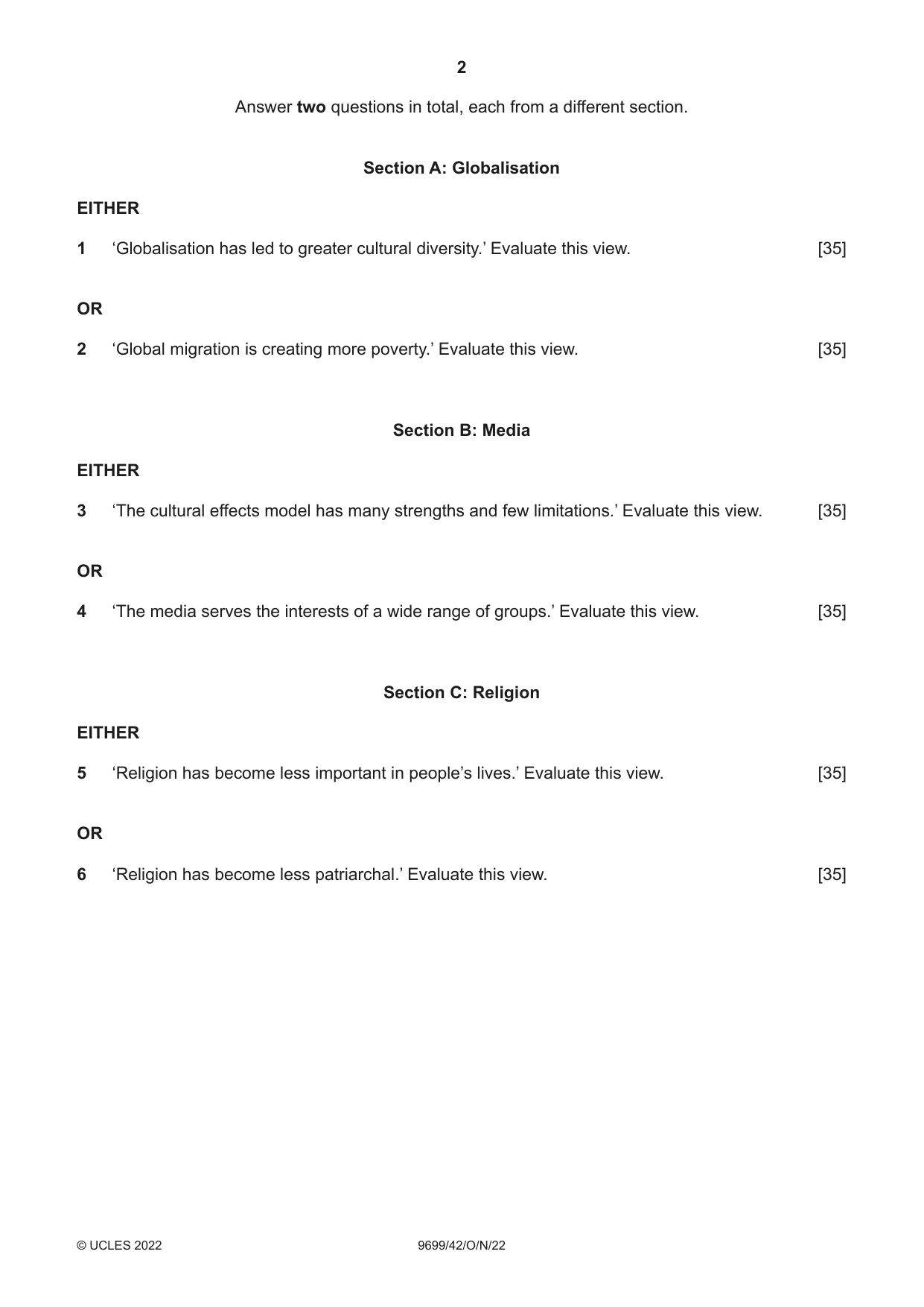 Cambridge A Level Sociology 9699 2022 Oct/Nov Paper 4 · Variant 2 question paper, page 2 of 4