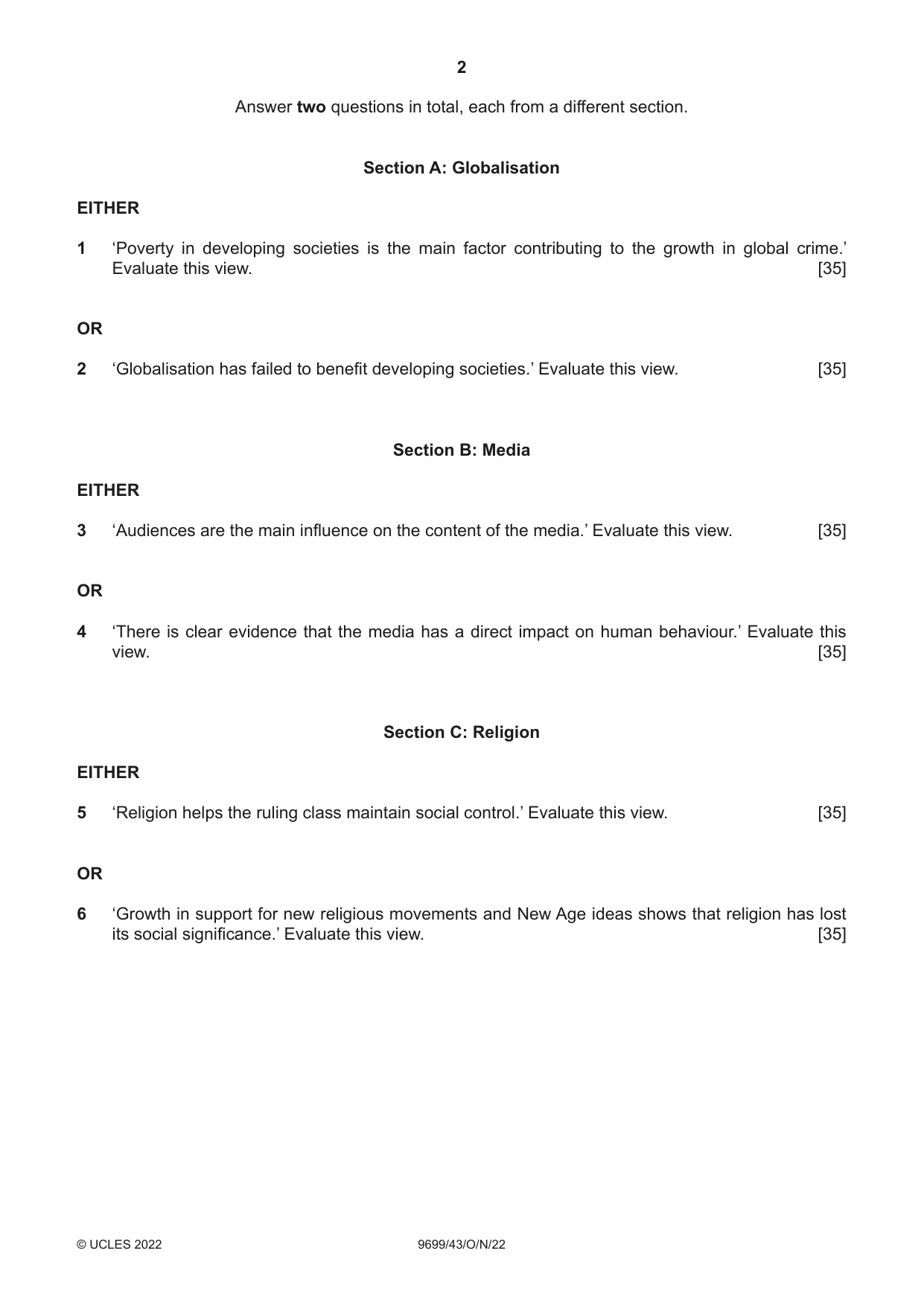 Cambridge A Level Sociology 9699 2022 Oct/Nov Paper 4 · Variant 3 question paper, page 2 of 4