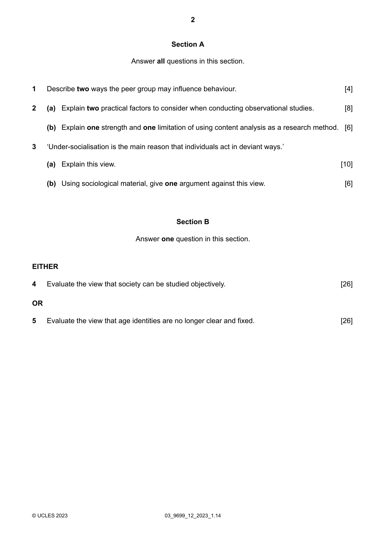 Cambridge A Level Sociology 9699 2023 Feb/March Paper 1 · Variant 2 question paper, page 2 of 4