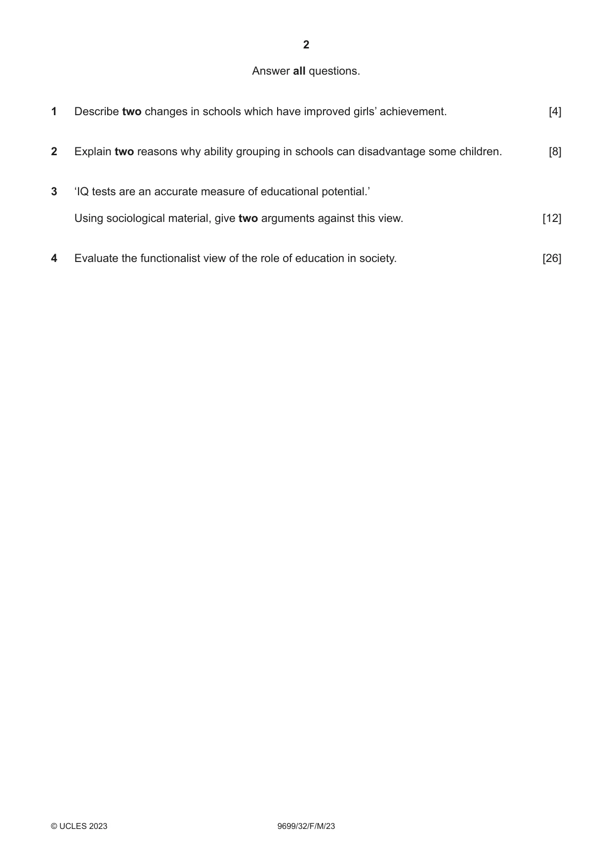 Cambridge A Level Sociology 9699 2023 Feb/March Paper 3 · Variant 2 question paper, page 2 of 4