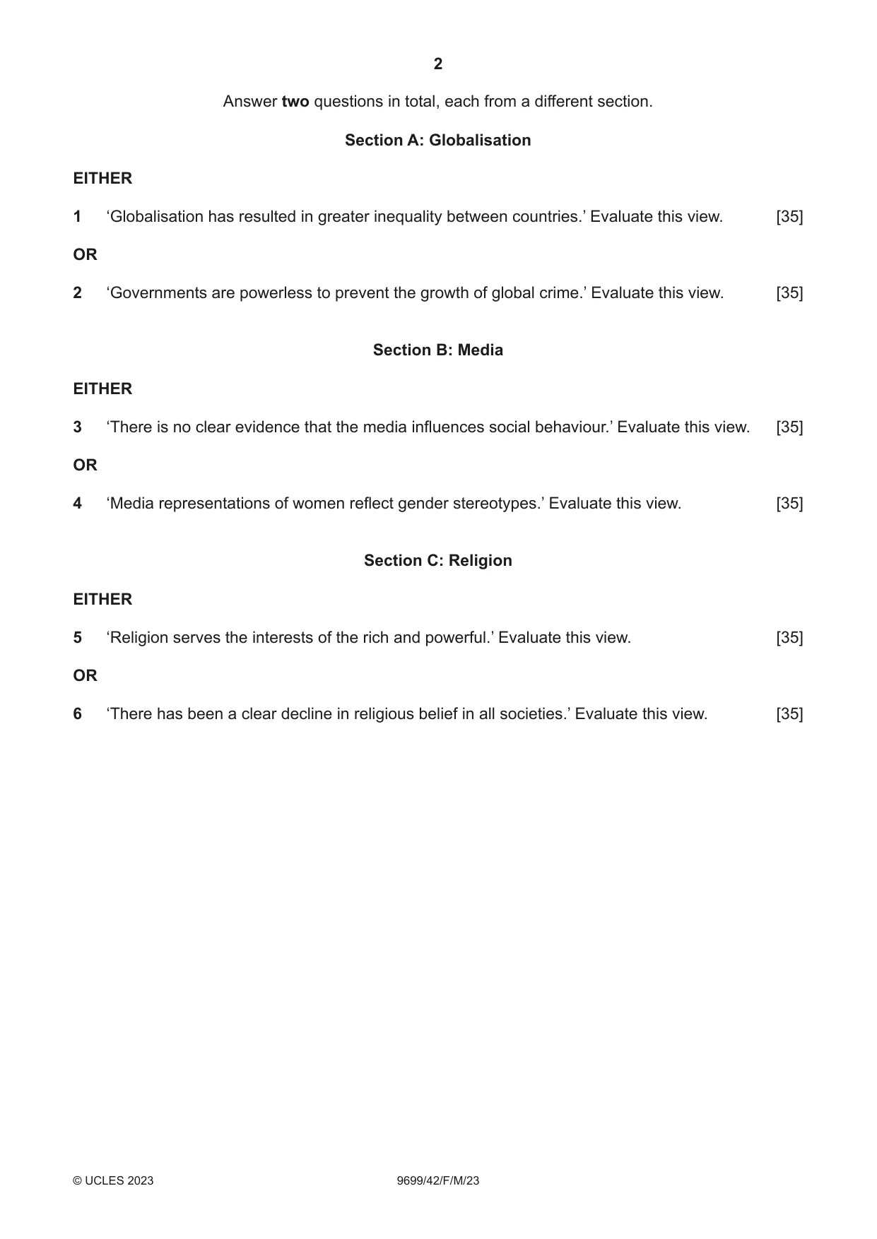Cambridge A Level Sociology 9699 2023 Feb/March Paper 4 · Variant 2 question paper, page 2 of 4