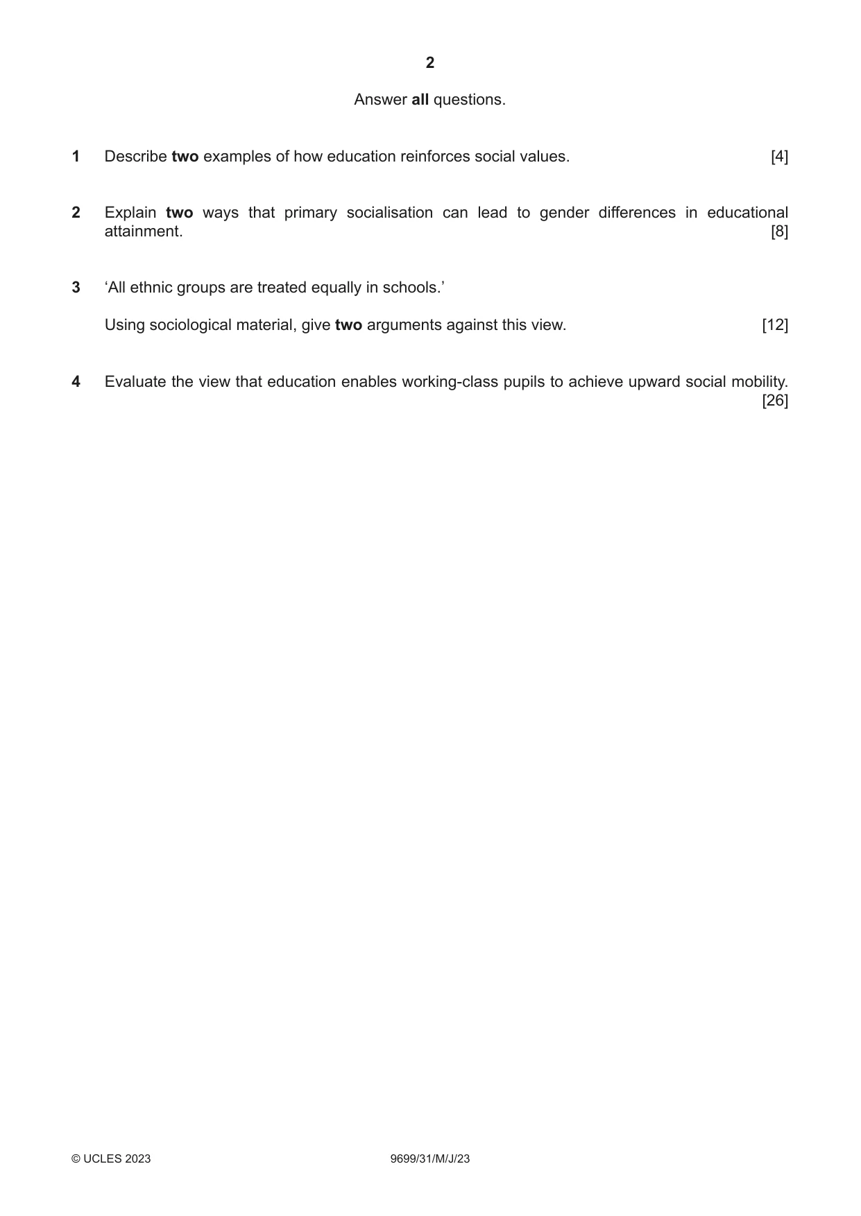 Cambridge A Level Sociology 9699 2023 May/June Paper 3 · Variant 1 question paper, page 2 of 4
