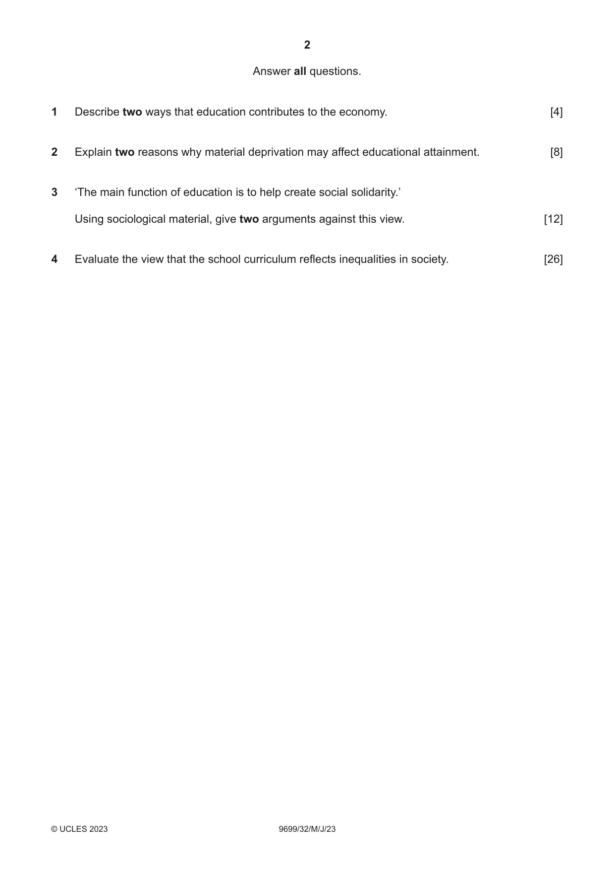 Cambridge A Level Sociology 9699 2023 May/June Paper 3 · Variant 2 question paper, page 2 of 4