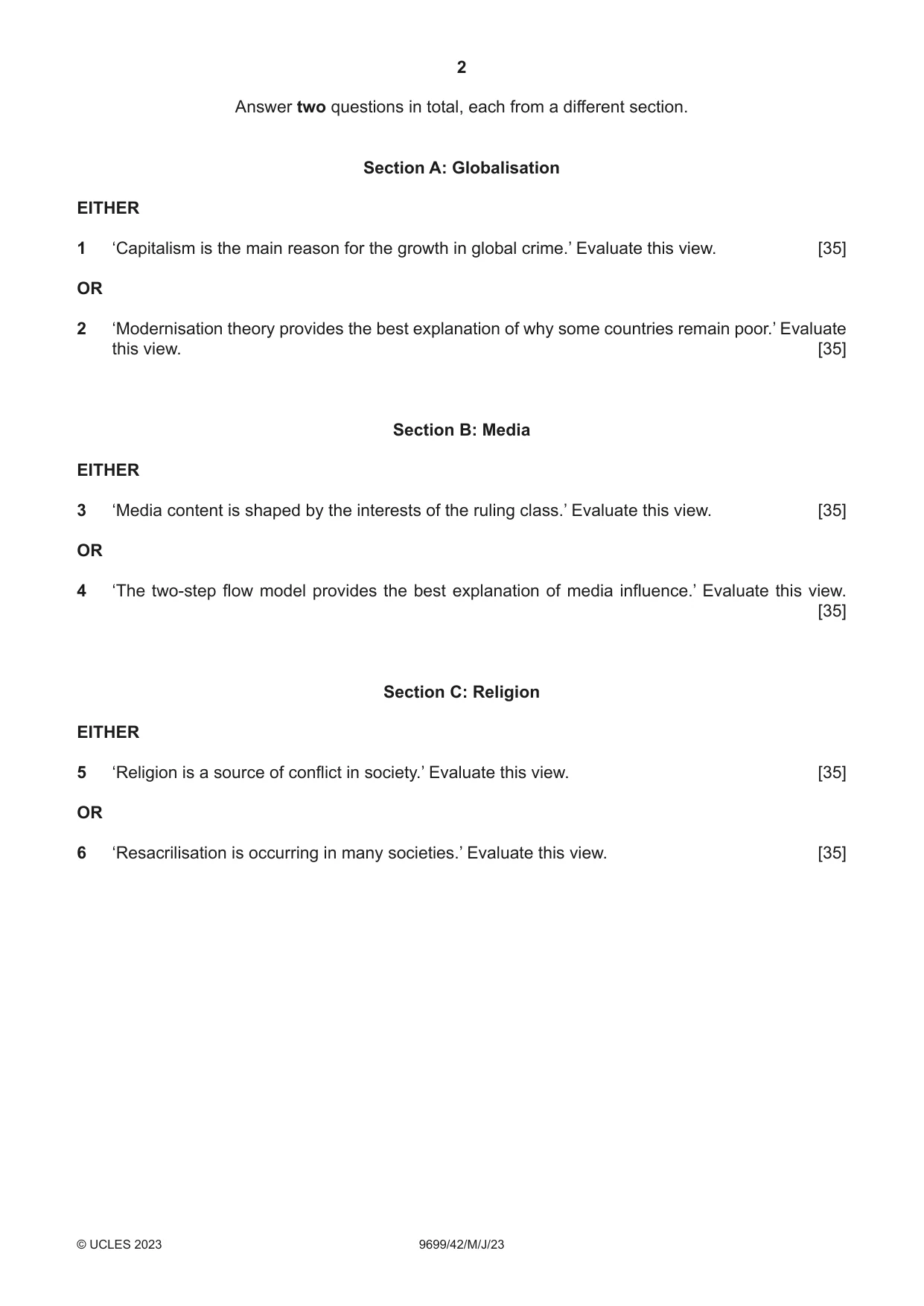 Cambridge A Level Sociology 9699 2023 May/June Paper 4 · Variant 2 question paper, page 2 of 4