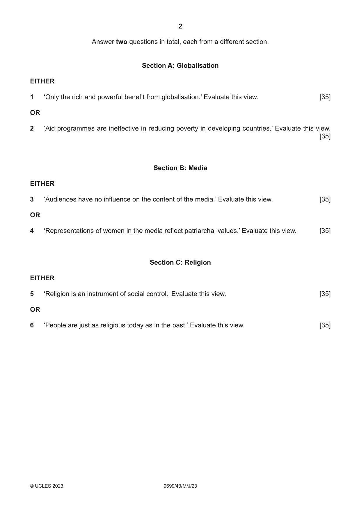 Cambridge A Level Sociology 9699 2023 May/June Paper 4 · Variant 3 question paper, page 2 of 4