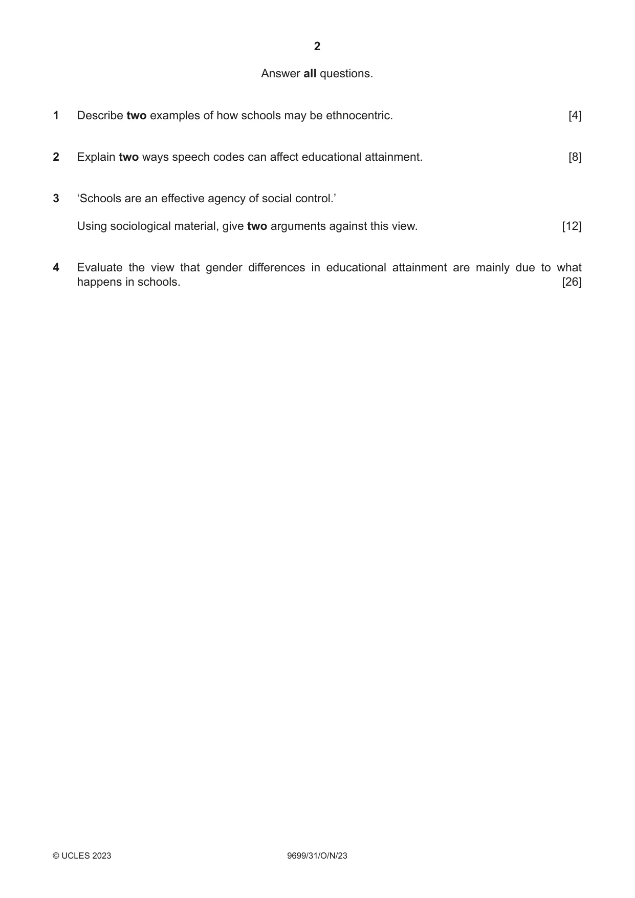 Cambridge A Level Sociology 9699 2023 Oct/Nov Paper 3 · Variant 1 question paper, page 2 of 4
