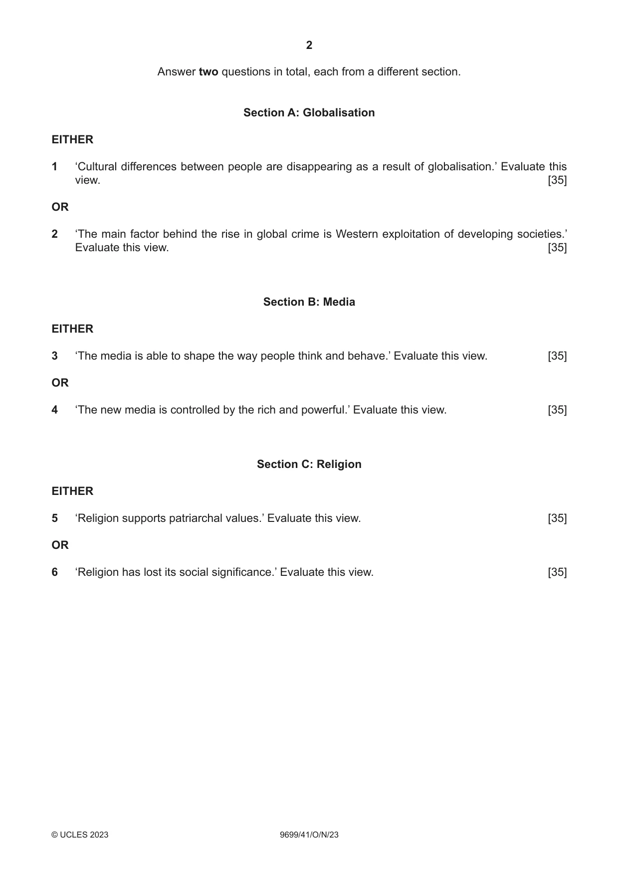 Cambridge A Level Sociology 9699 2023 Oct/Nov Paper 4 · Variant 1 question paper, page 2 of 4