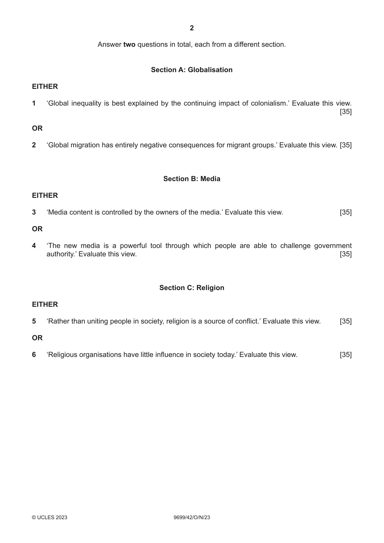 Cambridge A Level Sociology 9699 2023 Oct/Nov Paper 4 · Variant 2 question paper, page 2 of 4