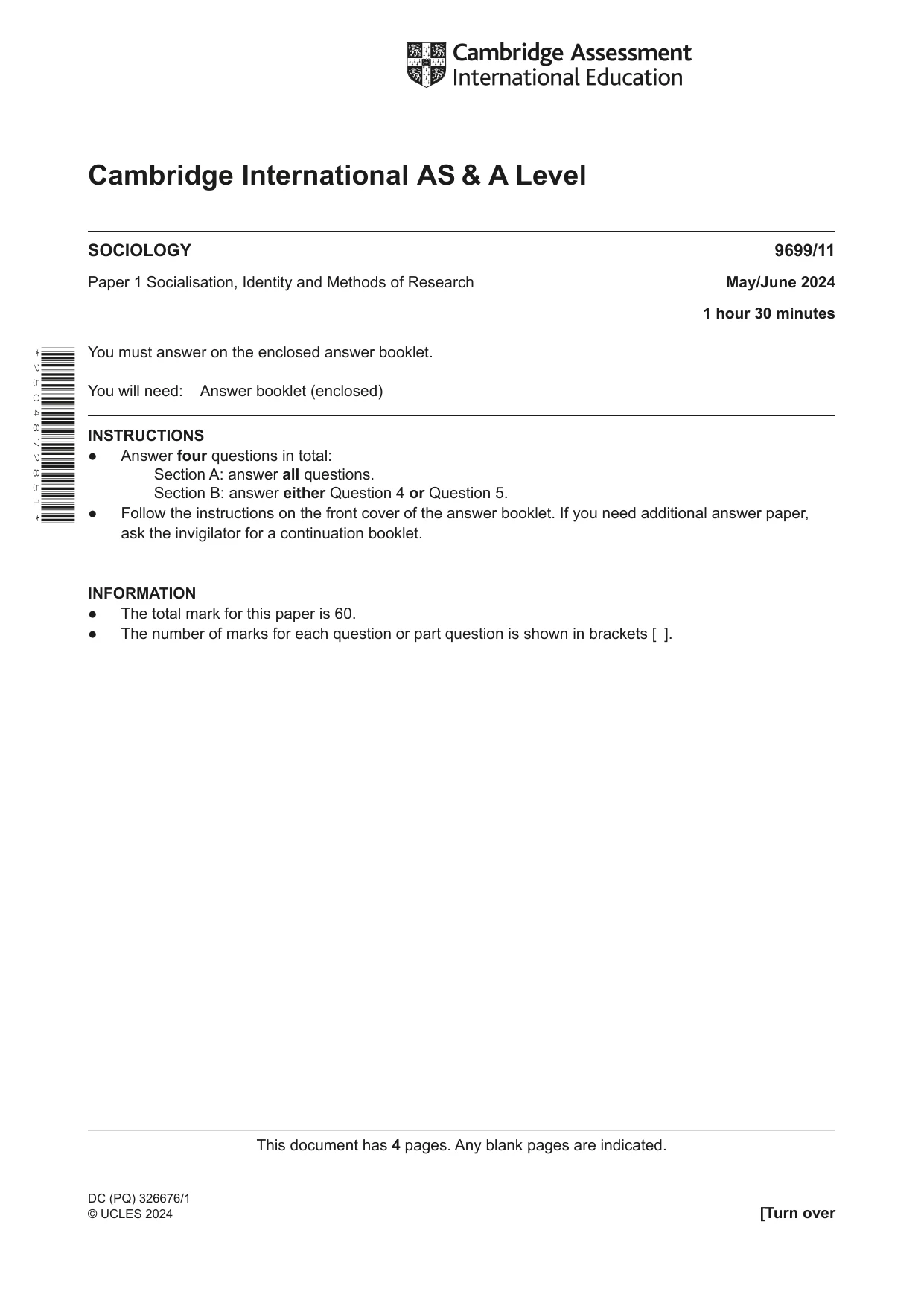Cambridge A Level Sociology 9699 2024 May/June Paper 1 · Variant 1 question paper, page 1 of 4