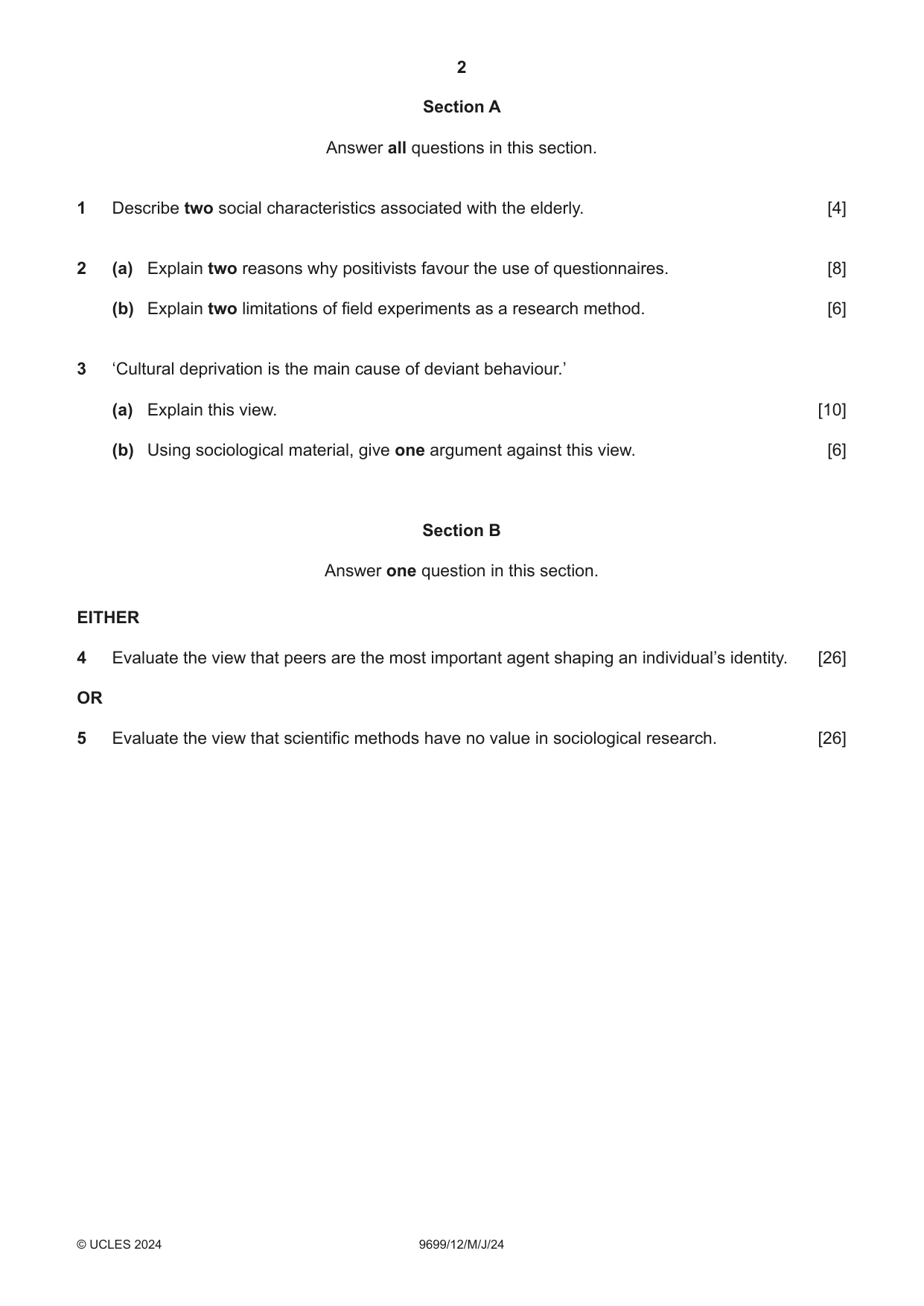 Cambridge A Level Sociology 9699 2024 May/June Paper 1 · Variant 2 question paper, page 2 of 4