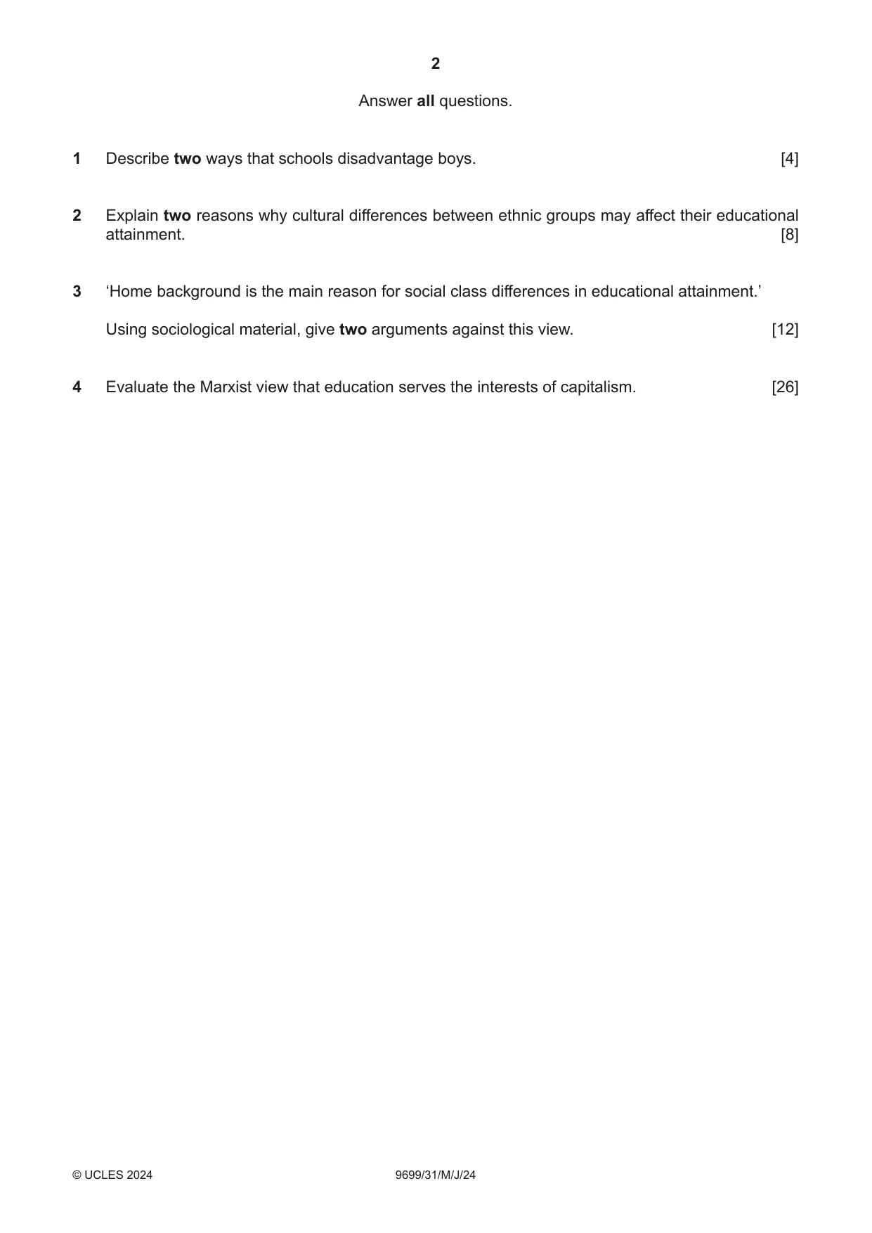 Cambridge A Level Sociology 9699 2024 May/June Paper 3 · Variant 1 question paper, page 2 of 4