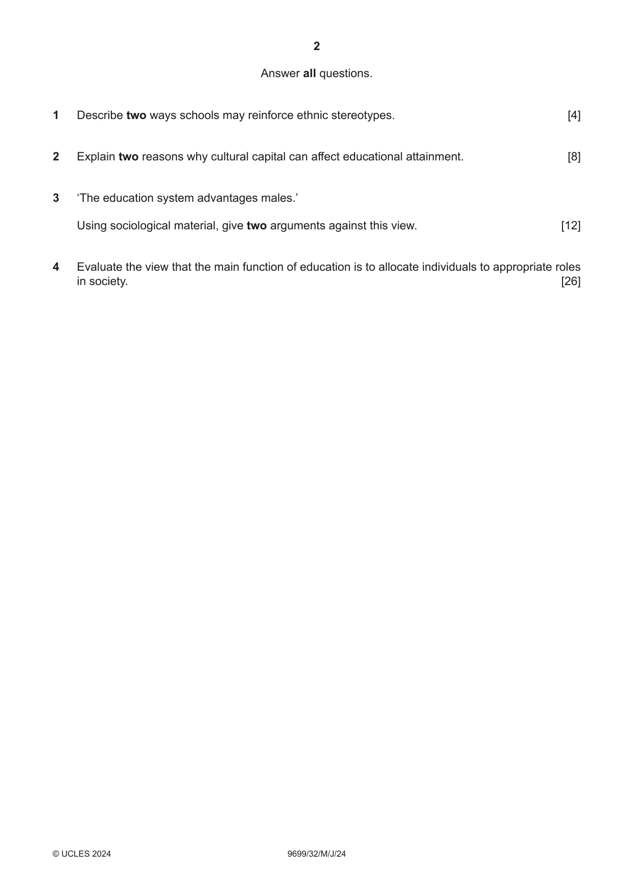 Cambridge A Level Sociology 9699 2024 May/June Paper 3 · Variant 2 question paper, page 2 of 4