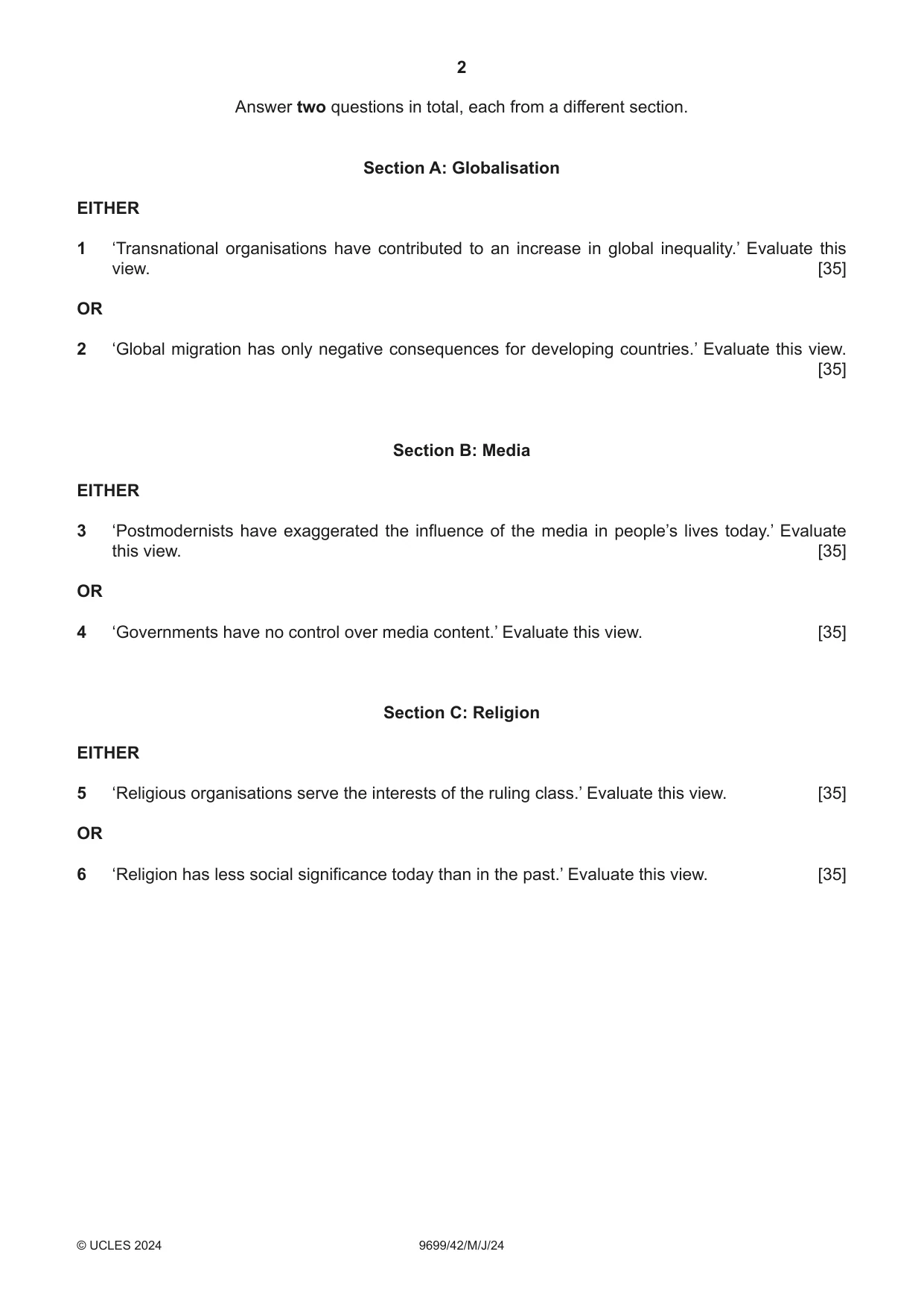 Cambridge A Level Sociology 9699 2024 May/June Paper 4 · Variant 2 question paper, page 2 of 4