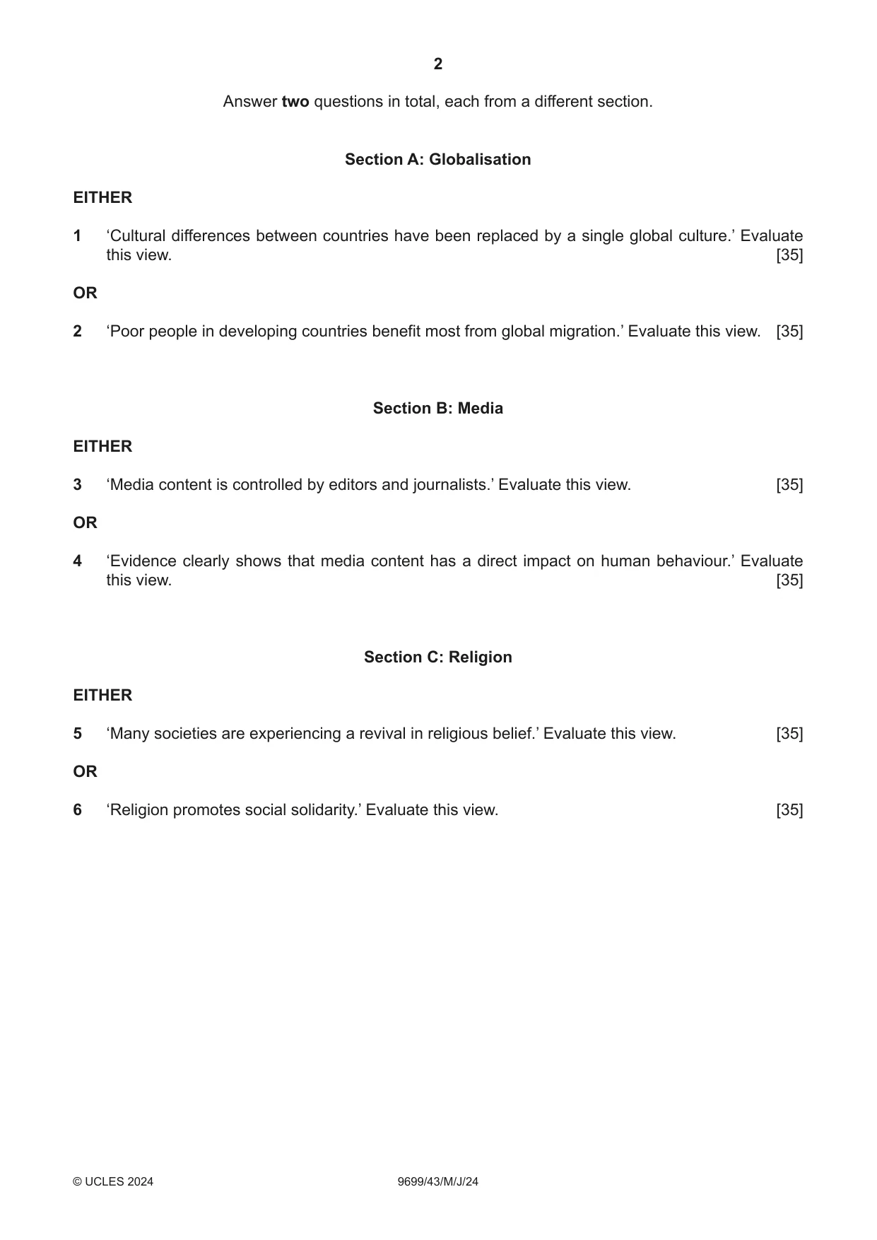 Cambridge A Level Sociology 9699 2024 May/June Paper 4 · Variant 3 question paper, page 2 of 4