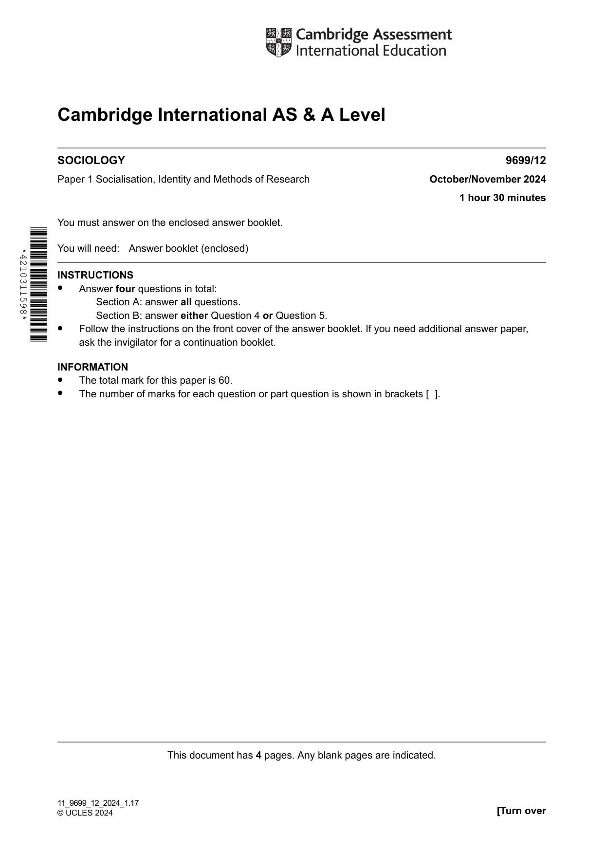Cambridge A Level Sociology 9699 2024 Oct/Nov Paper 1 · Variant 2 question paper, page 1 of 4