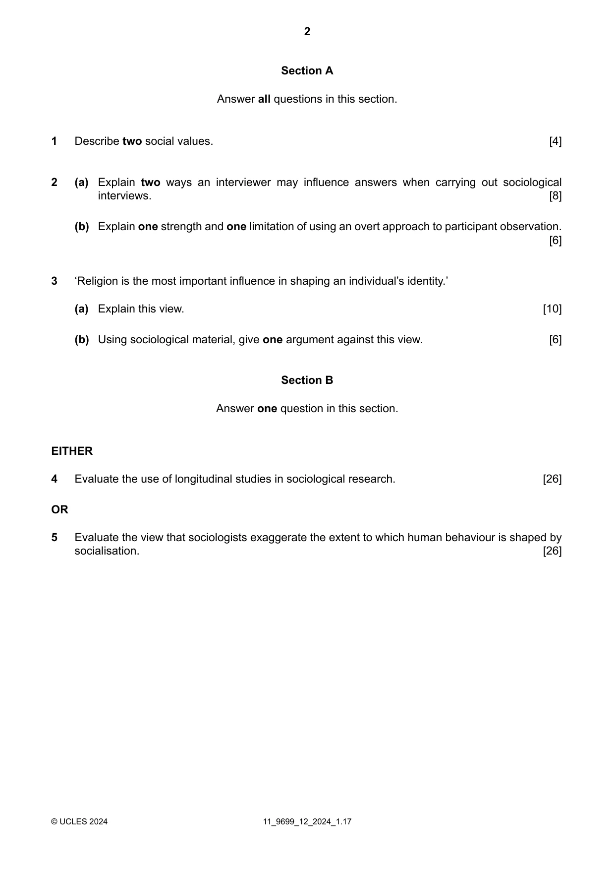 Cambridge A Level Sociology 9699 2024 Oct/Nov Paper 1 · Variant 2 question paper, page 2 of 4