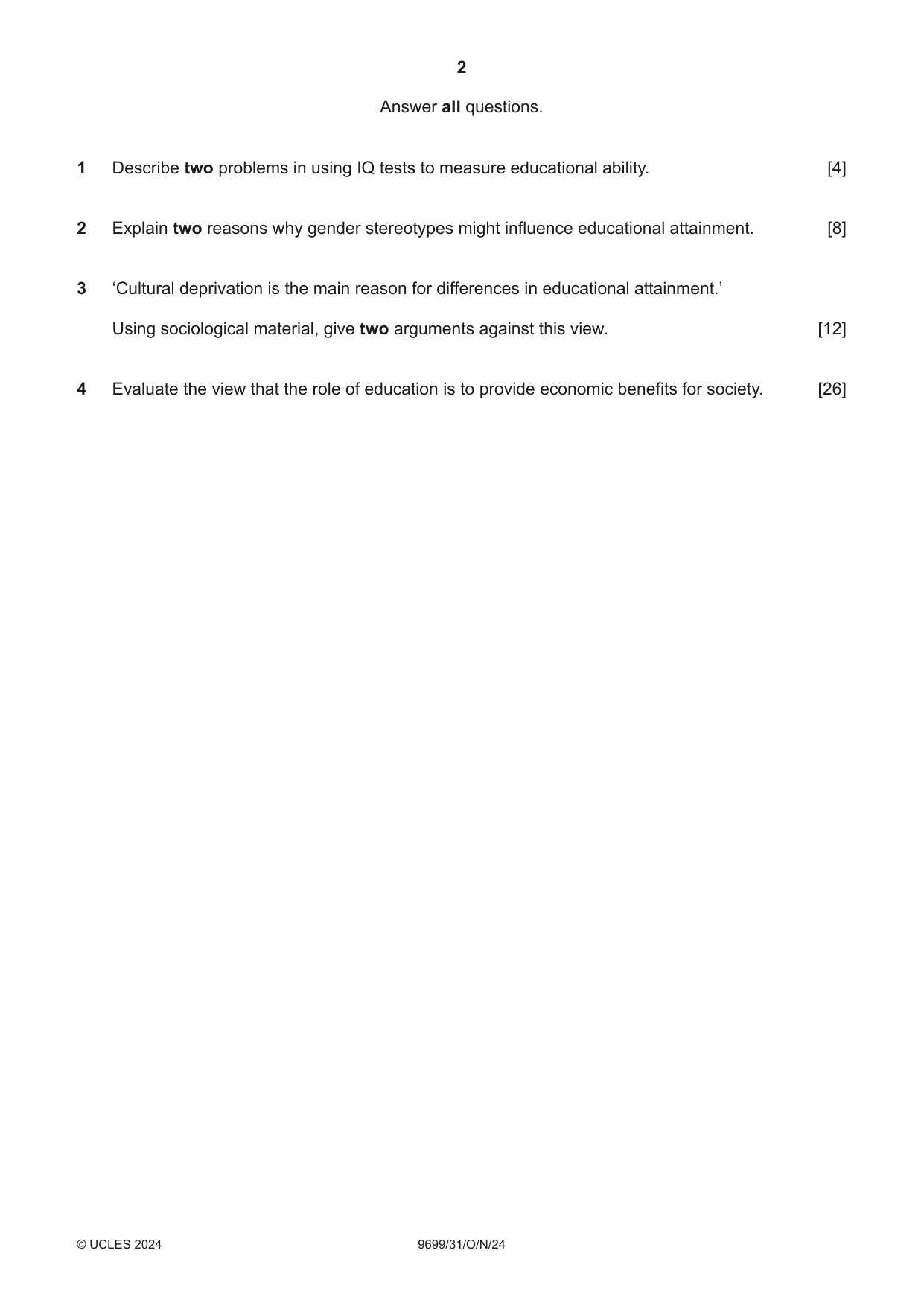 Cambridge A Level Sociology 9699 2024 Oct/Nov Paper 3 · Variant 1 question paper, page 2 of 4