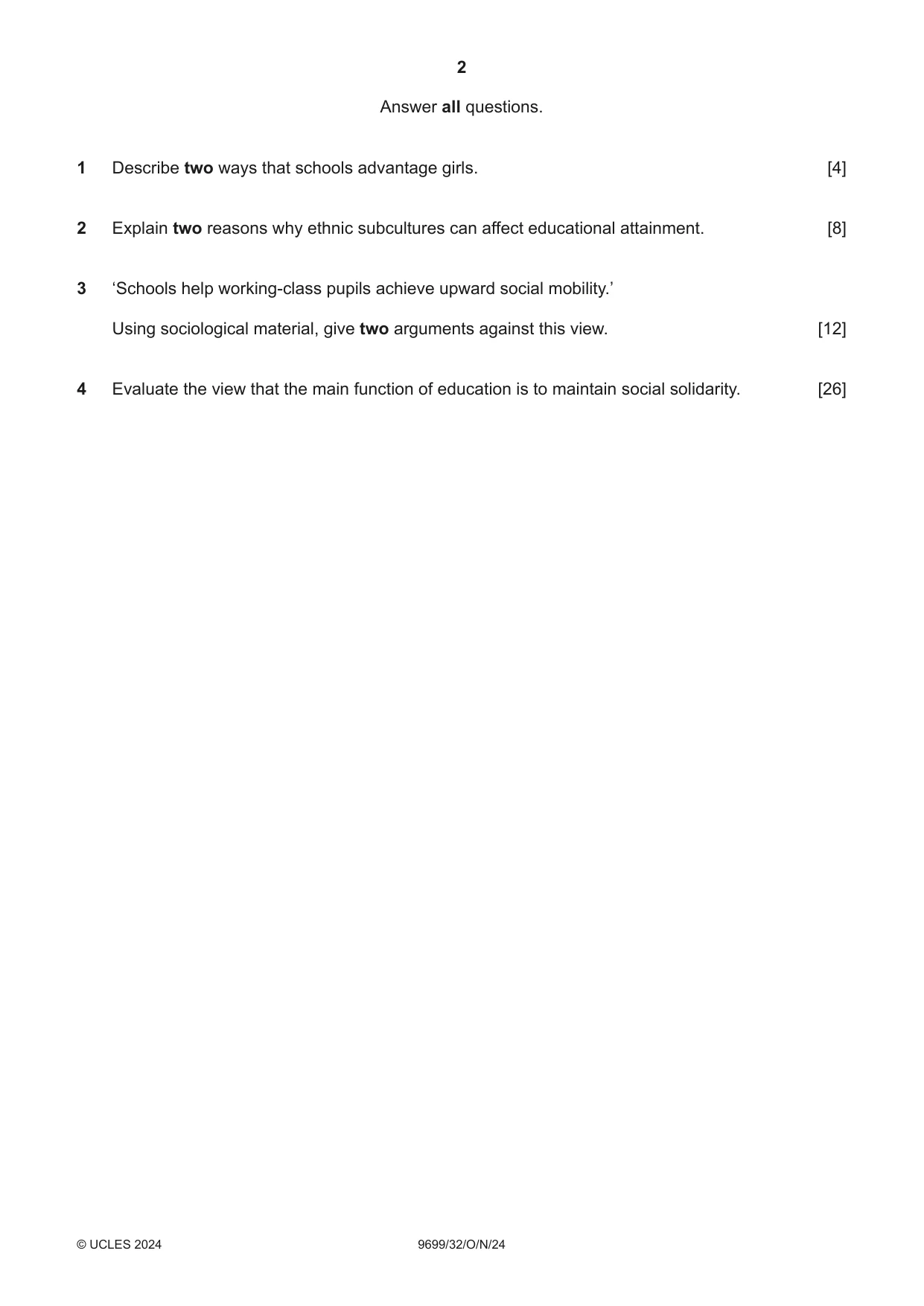 Cambridge A Level Sociology 9699 2024 Oct/Nov Paper 3 · Variant 2 question paper, page 2 of 4
