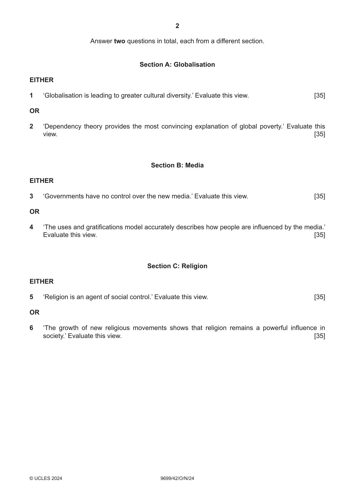 Cambridge A Level Sociology 9699 2024 Oct/Nov Paper 4 · Variant 2 question paper, page 2 of 4