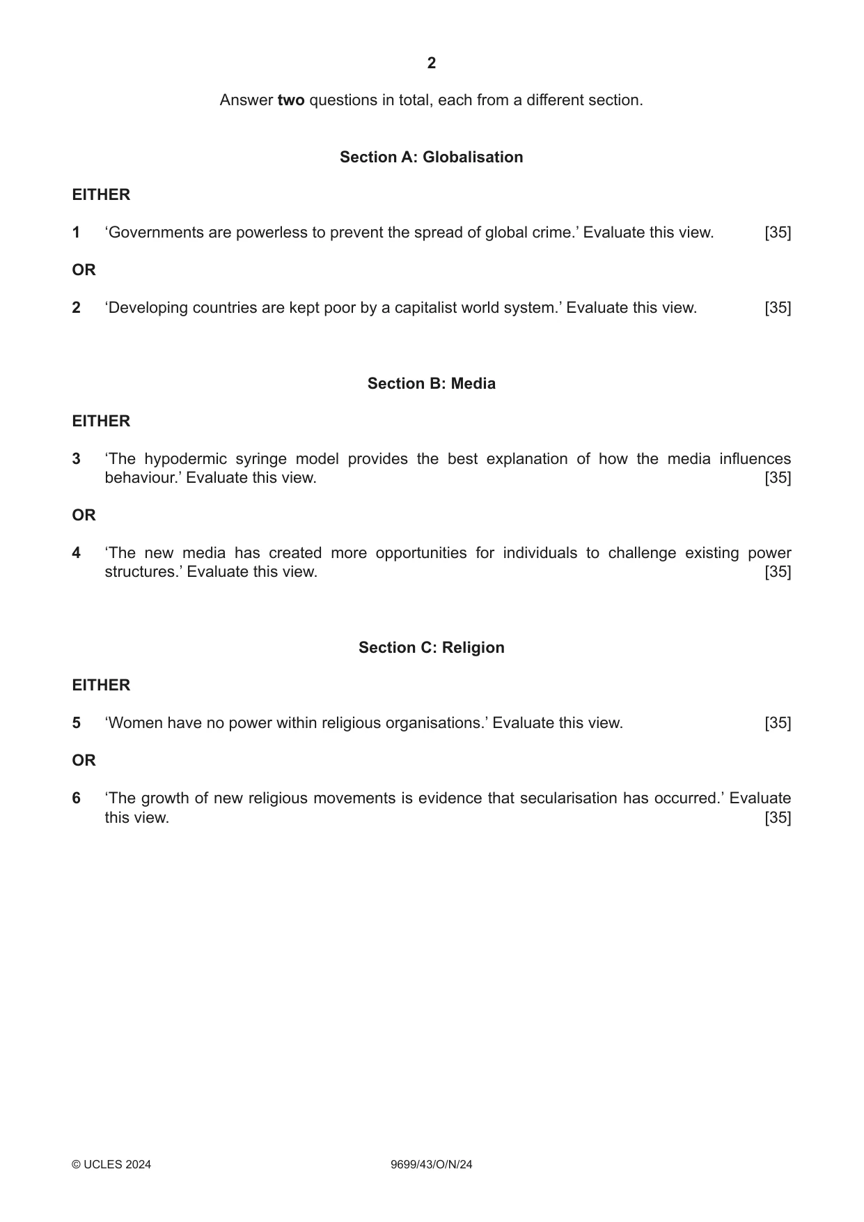 Cambridge A Level Sociology 9699 2024 Oct/Nov Paper 4 · Variant 3 question paper, page 2 of 4