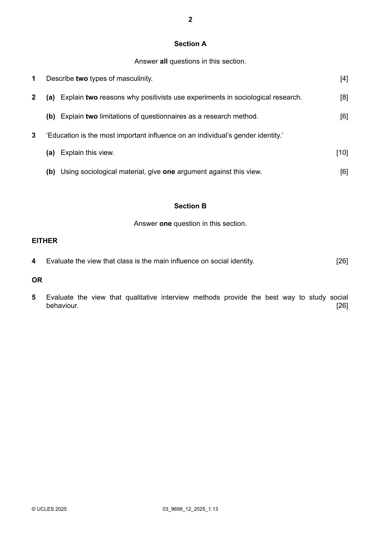 Cambridge A Level Sociology 9699 2025 Feb/March Paper 1 · Variant 2 question paper, page 2 of 4