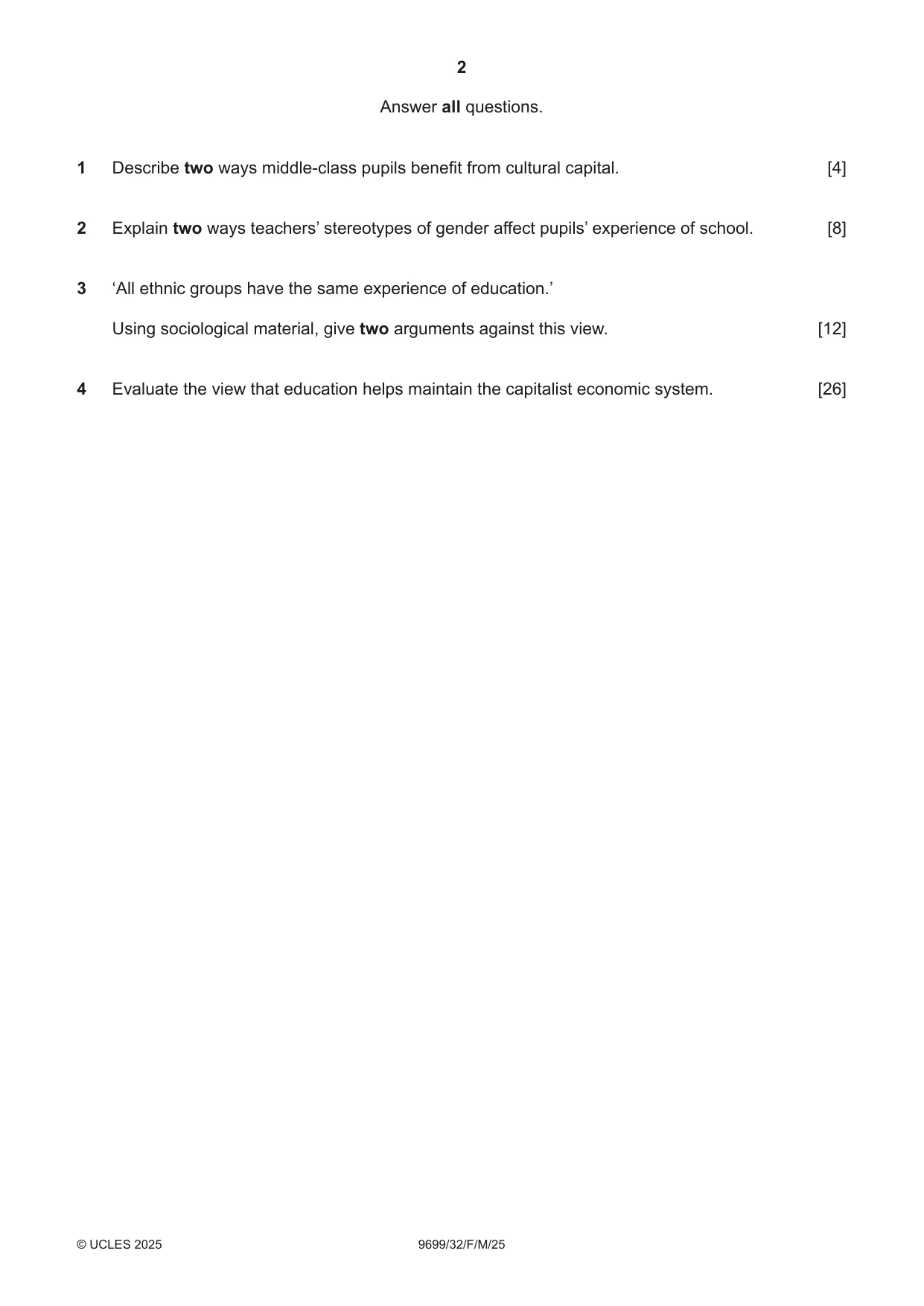 Cambridge A Level Sociology 9699 2025 Feb/March Paper 3 · Variant 2 question paper, page 2 of 4