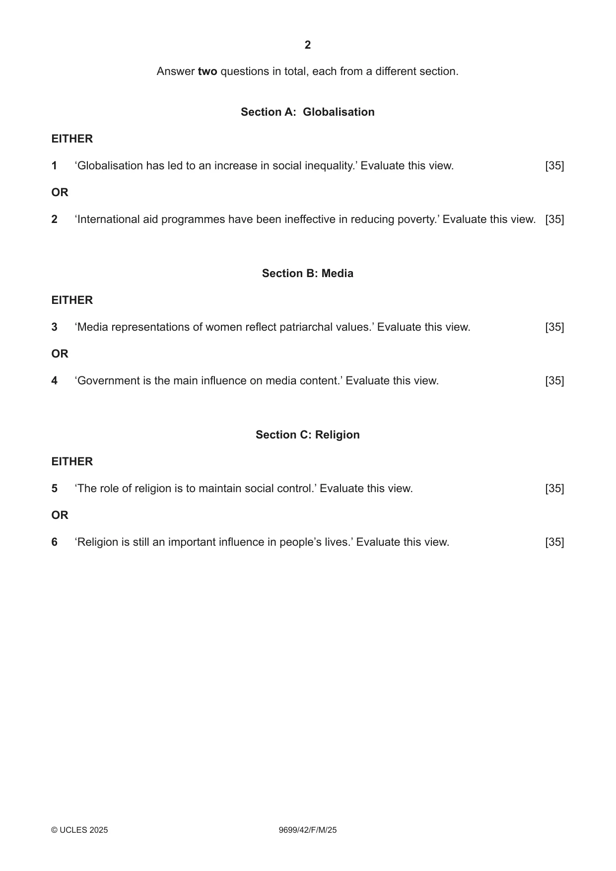 Cambridge A Level Sociology 9699 2025 Feb/March Paper 4 · Variant 2 question paper, page 2 of 4